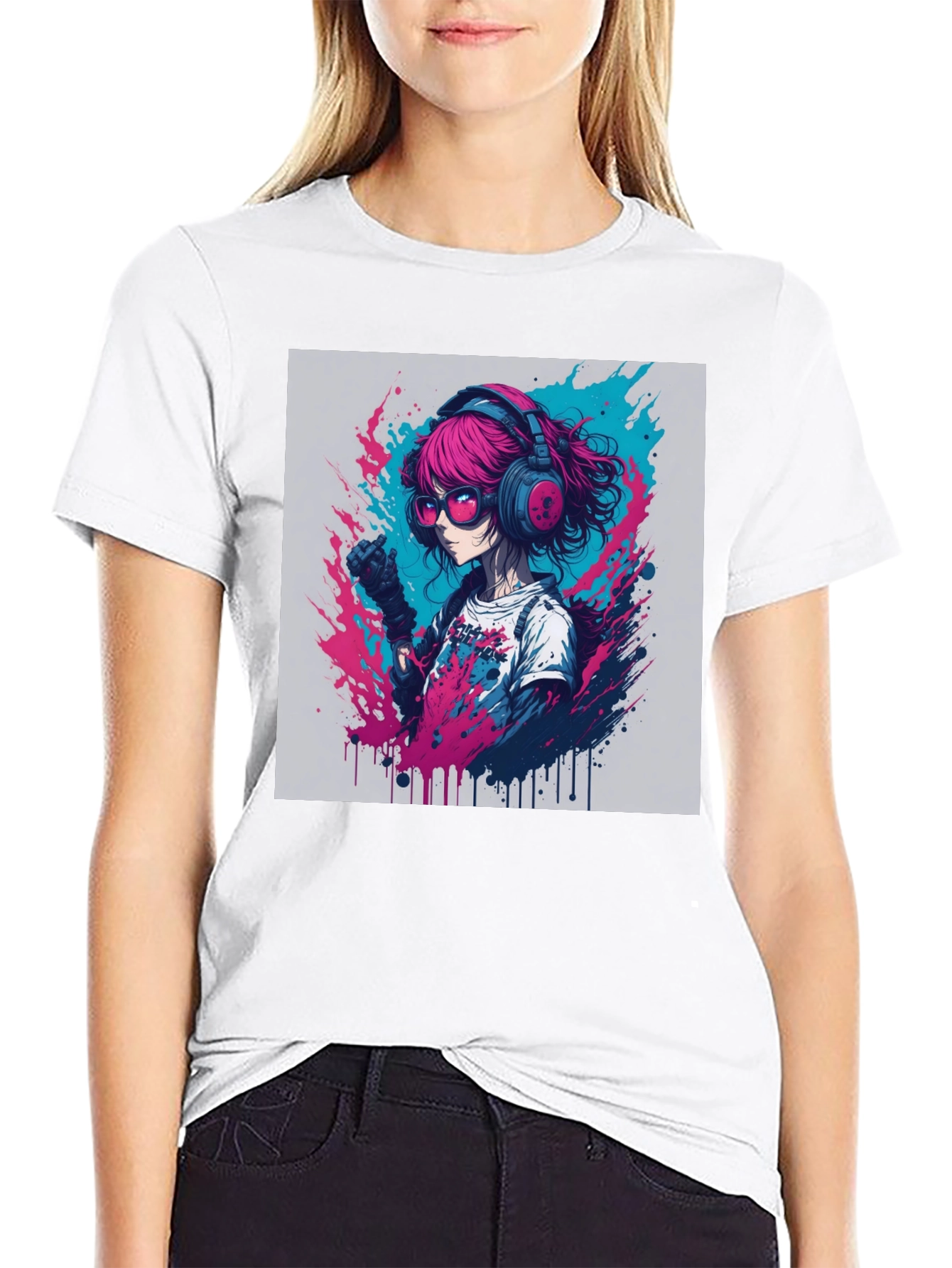 Anime Girl Graphic Tee - Pink Hair Headphones