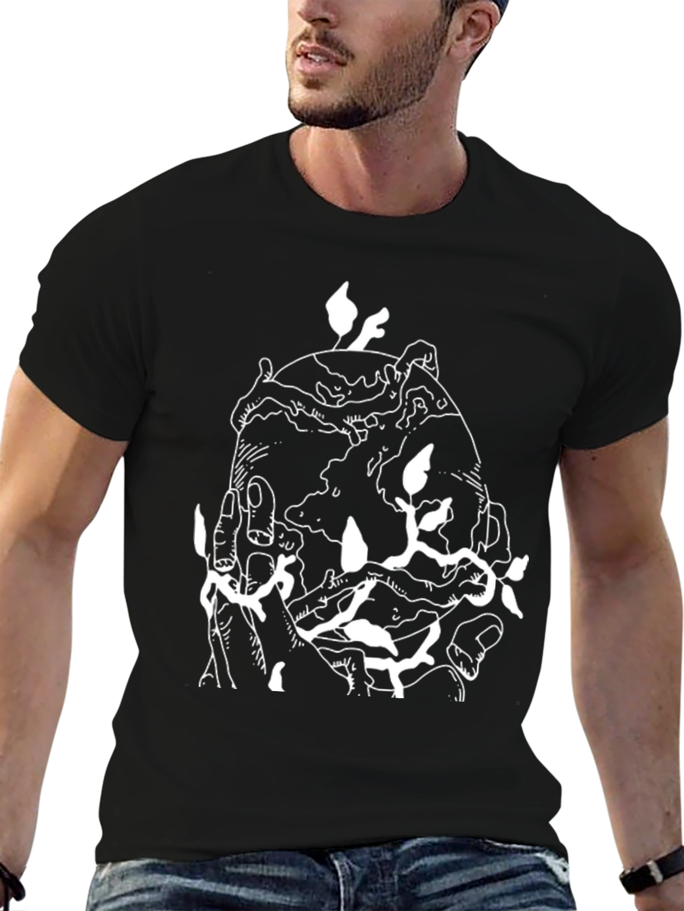 Black Graphic Tee: Earth in Hand Design