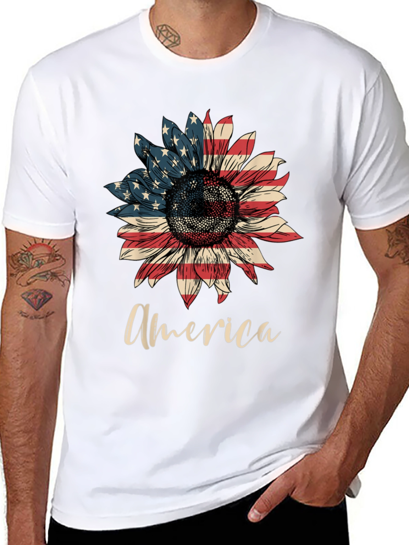 American Flag Sunflower Graphic T-Shirt