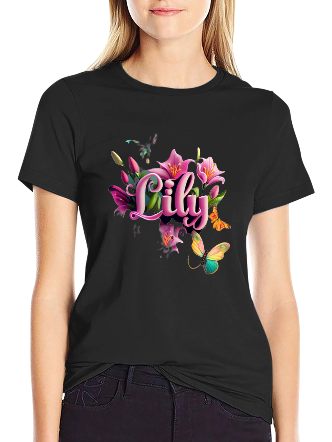 Lily Floral Butterfly Graphic T-Shirt