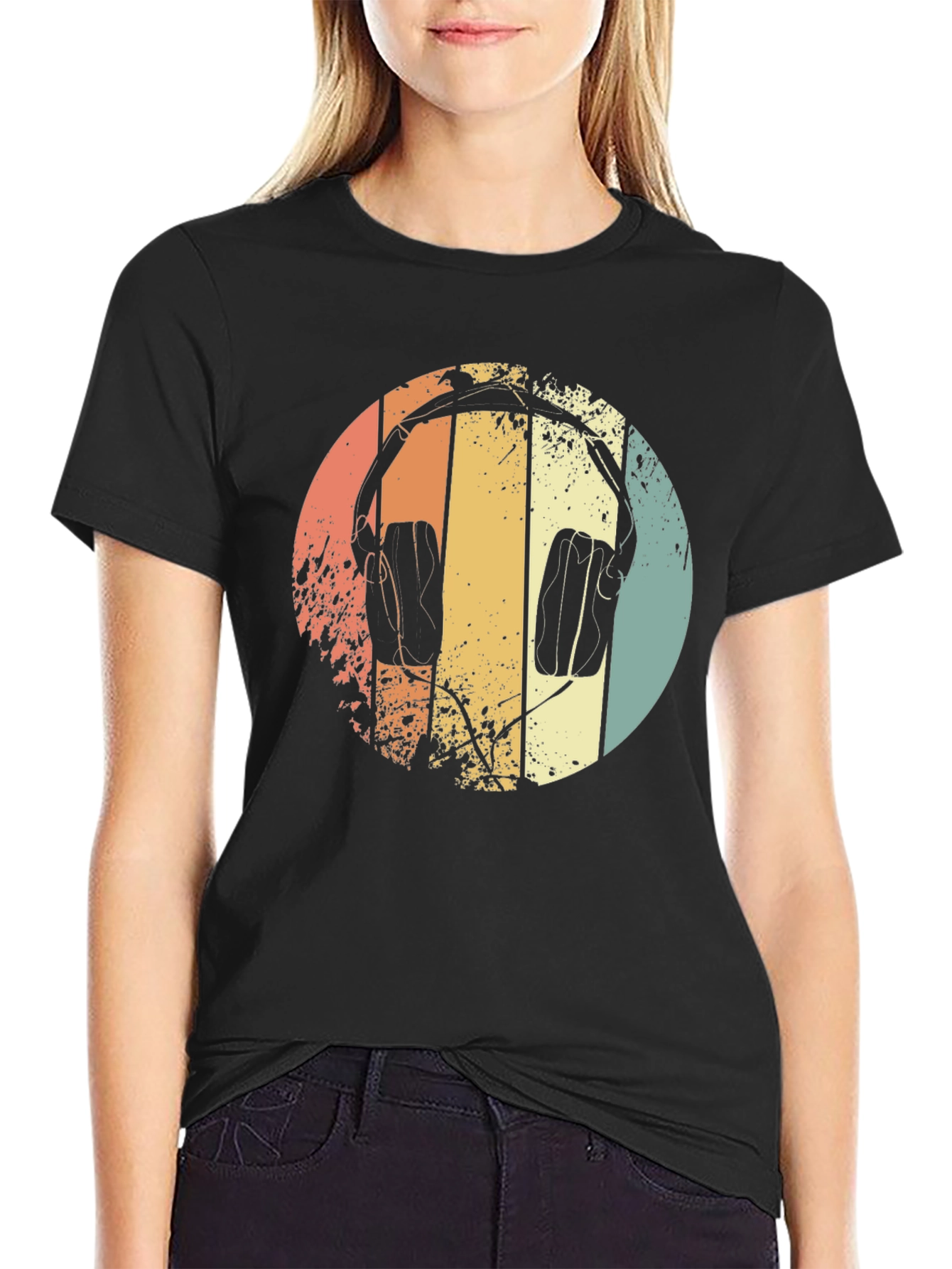 Retro Headphones Graphic Tee - Black Cotton T-Shirt