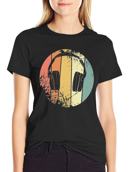 Retro Headphones Graphic Tee - Black Cotton T-Shirt
