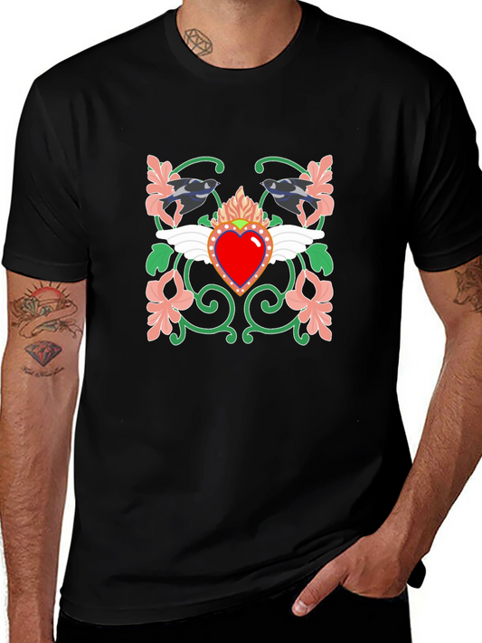 Graphic Tee: Sacred Heart with Birds & Floral Design