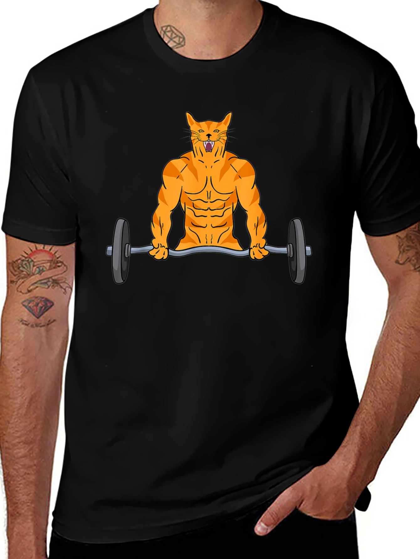 Muscle Cat Lifting Barbell Funny Graphic T-Shirt