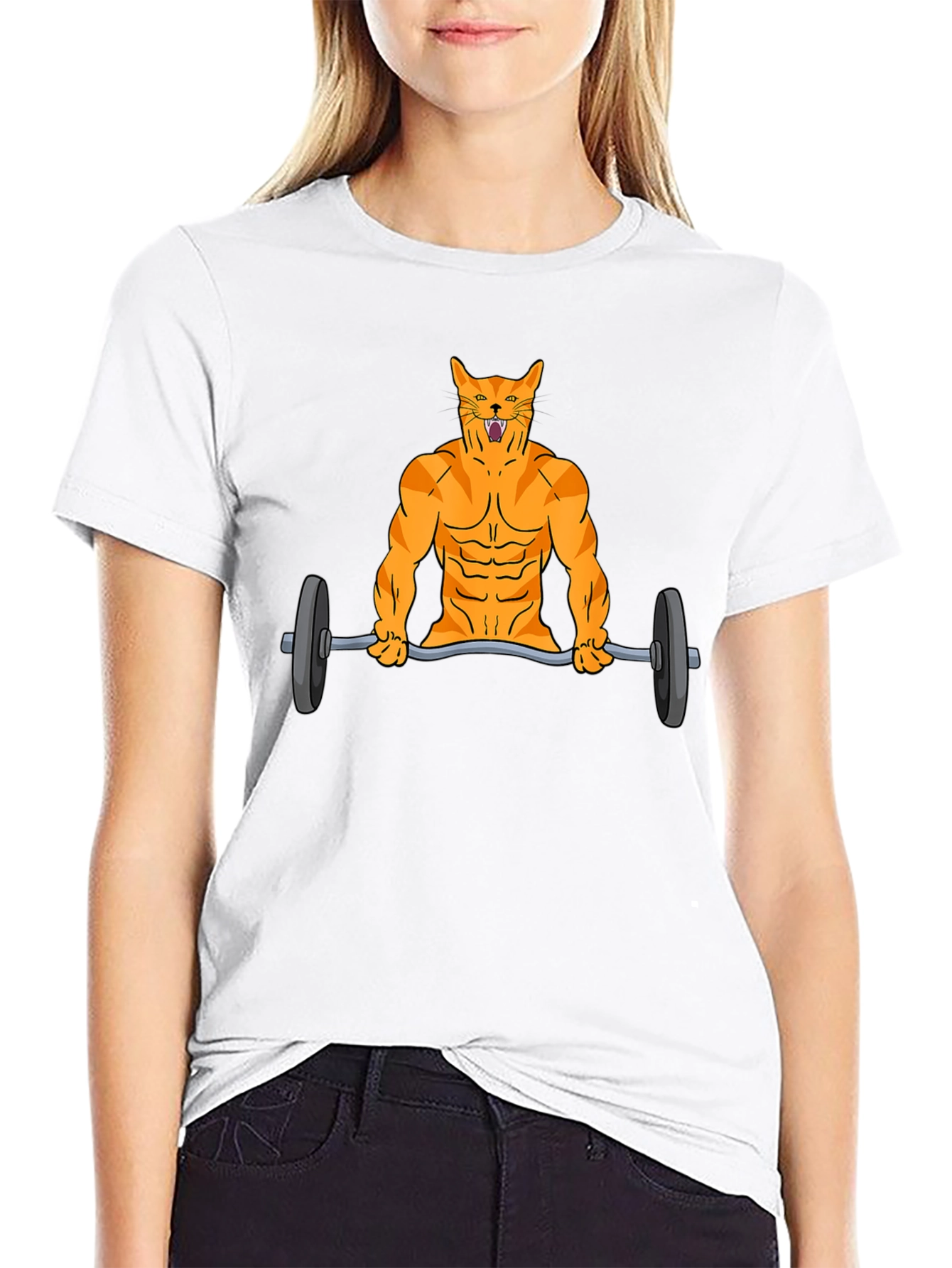 Muscle Cat Lifting Barbell Funny Graphic T-Shirt