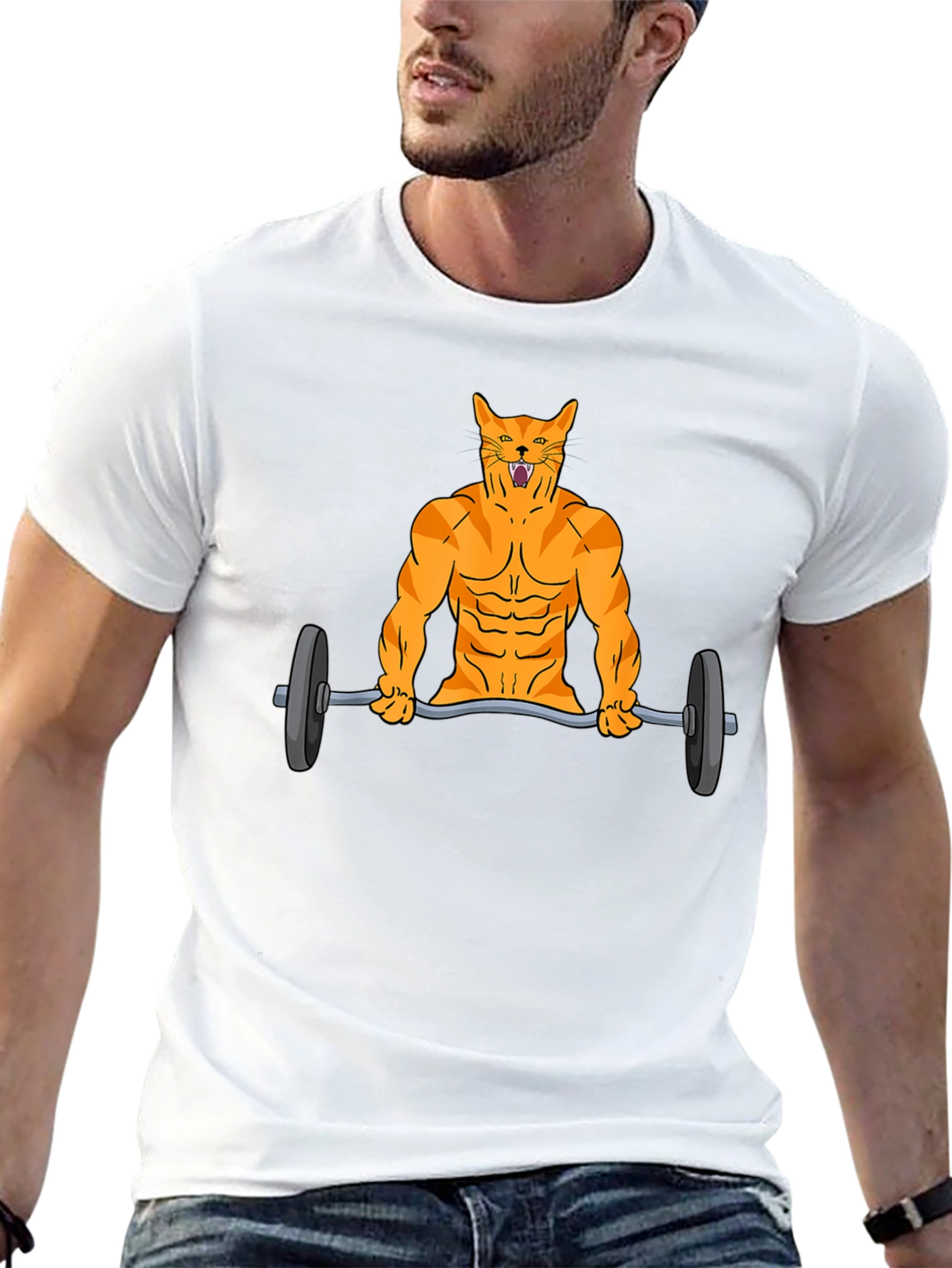 Muscle Cat Lifting Barbell Funny Graphic T-Shirt
