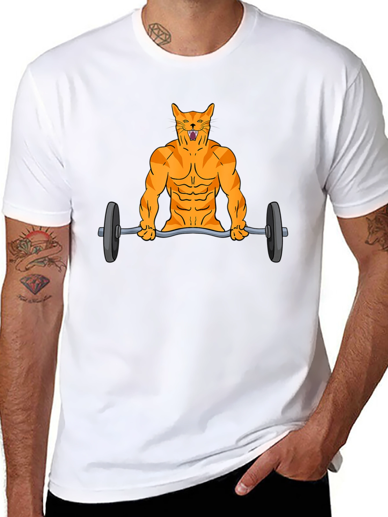 Muscle Cat Lifting Barbell Funny Graphic T-Shirt