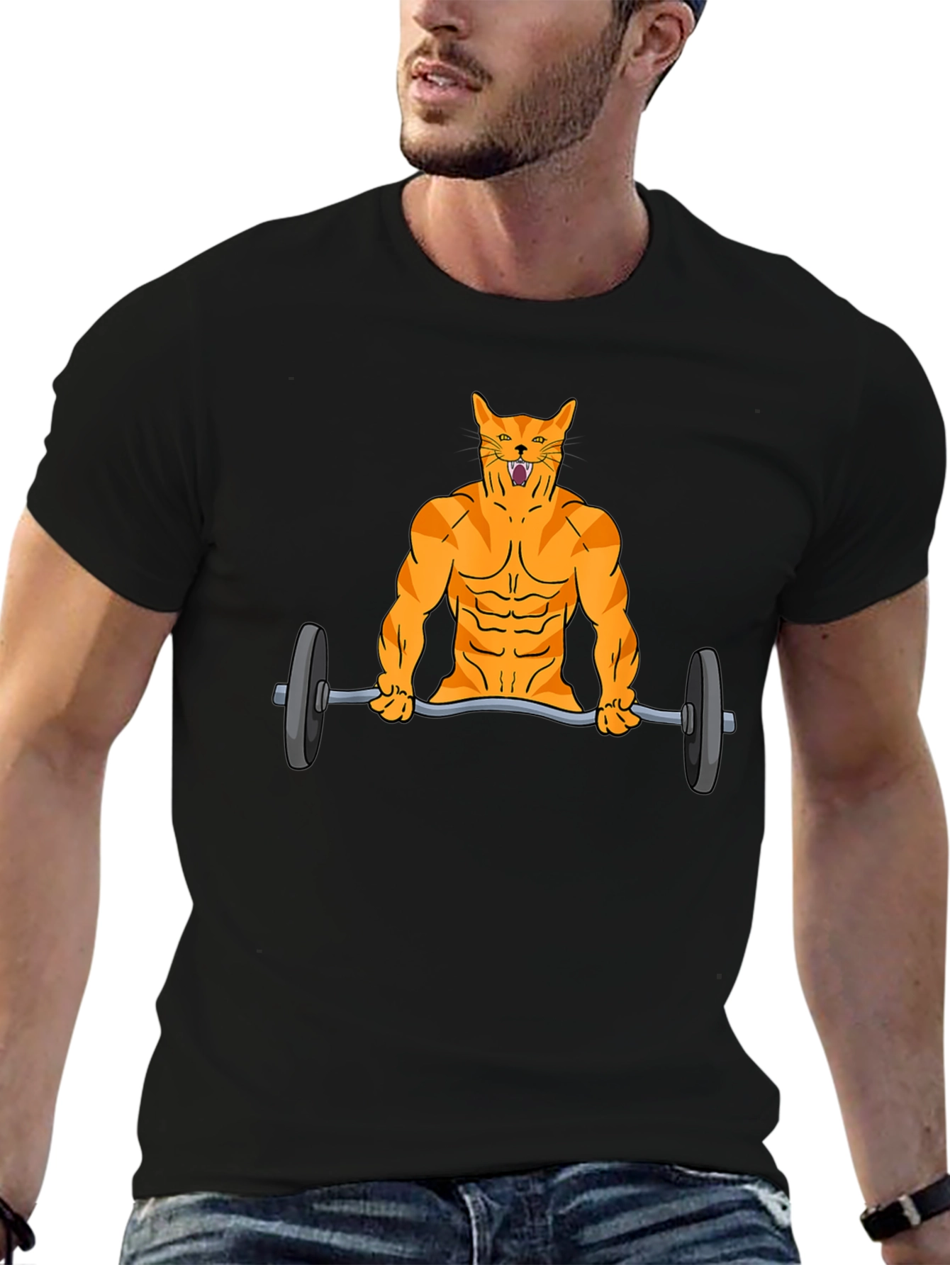 Muscle Cat Lifting Barbell Funny Graphic T-Shirt