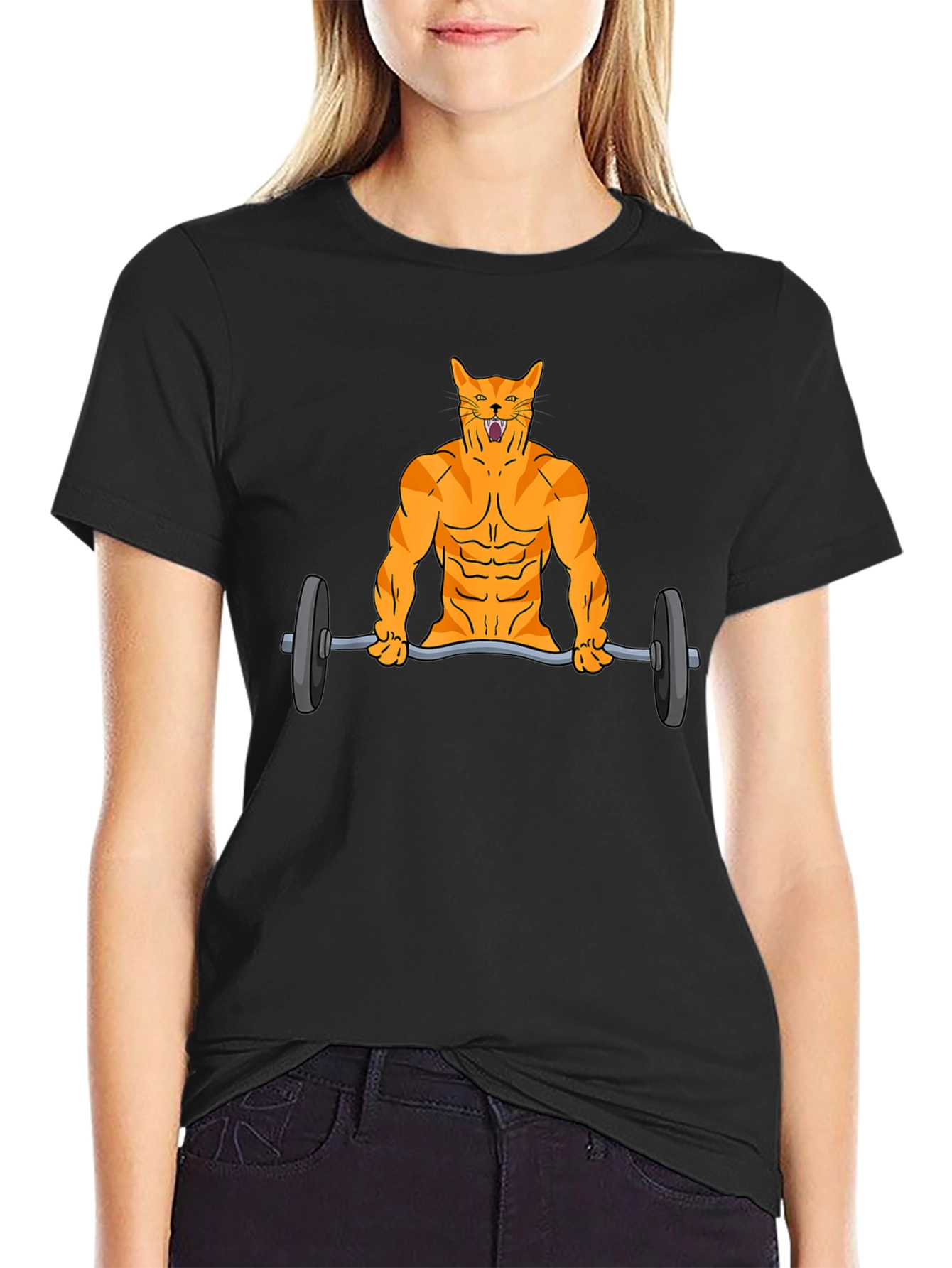 Muscle Cat Lifting Barbell Funny Graphic T-Shirt