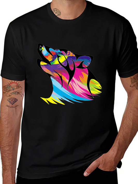 Colorful Wolf Graphic Black T-Shirt
