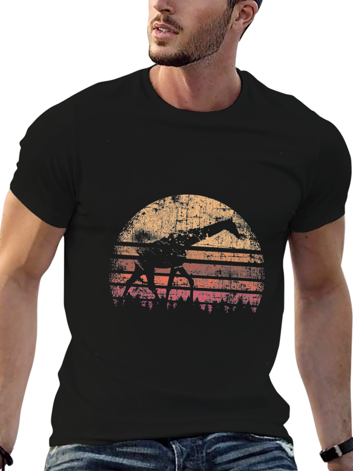 Retro Giraffe Sunset Black T-Shirt