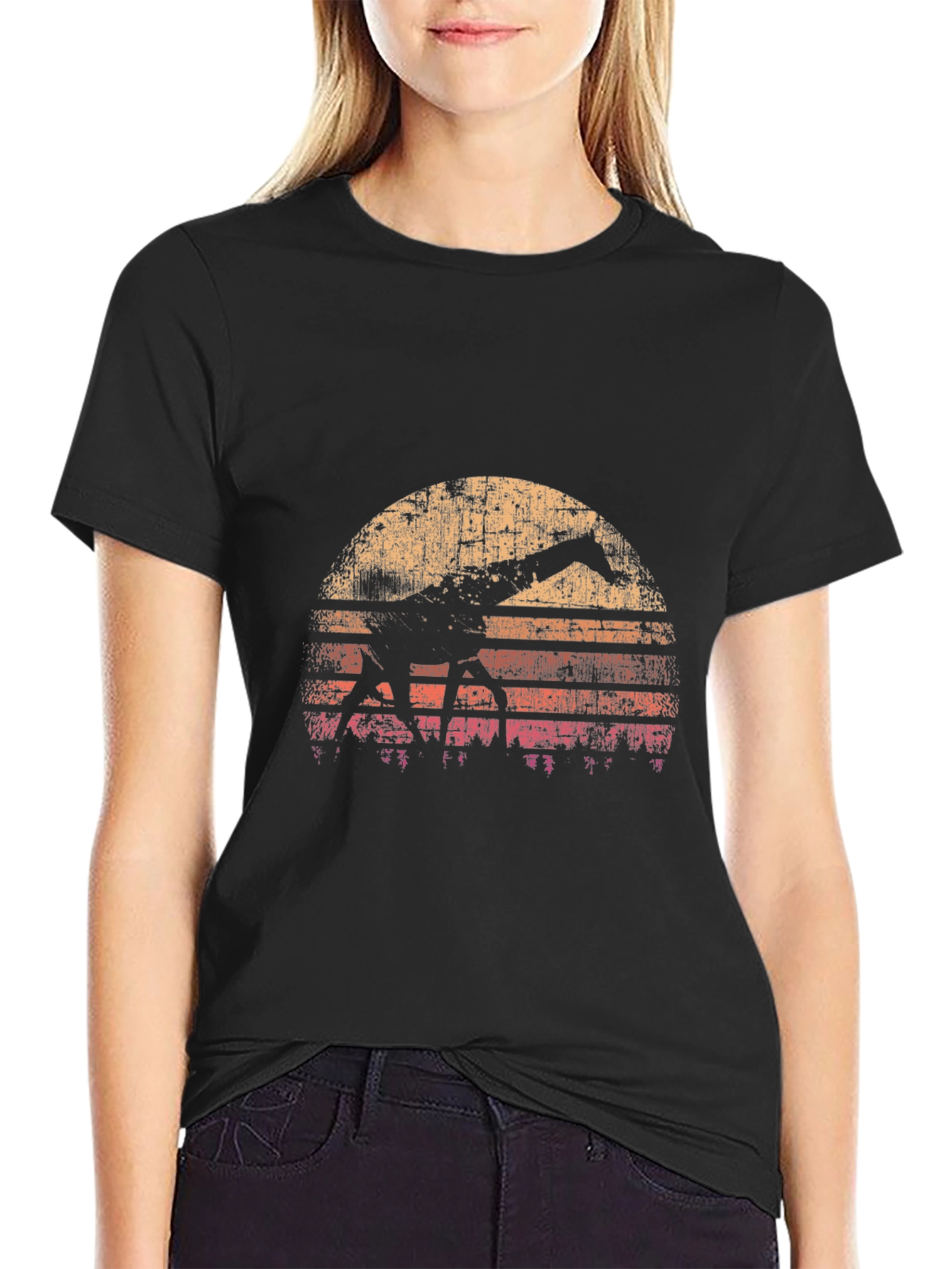 Retro Giraffe Sunset Black T-Shirt