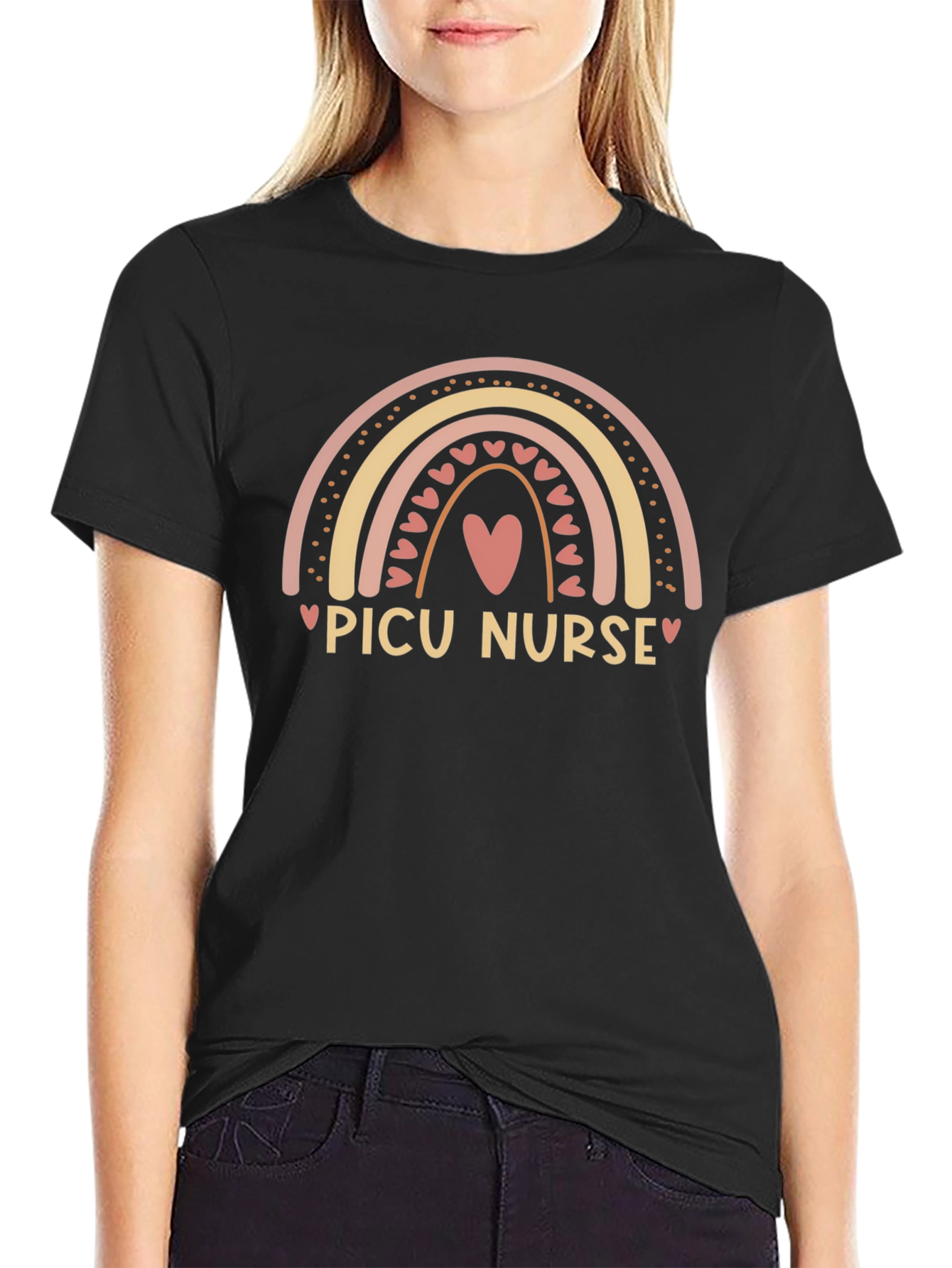 PICU Nurse Rainbow Heart Black Tee