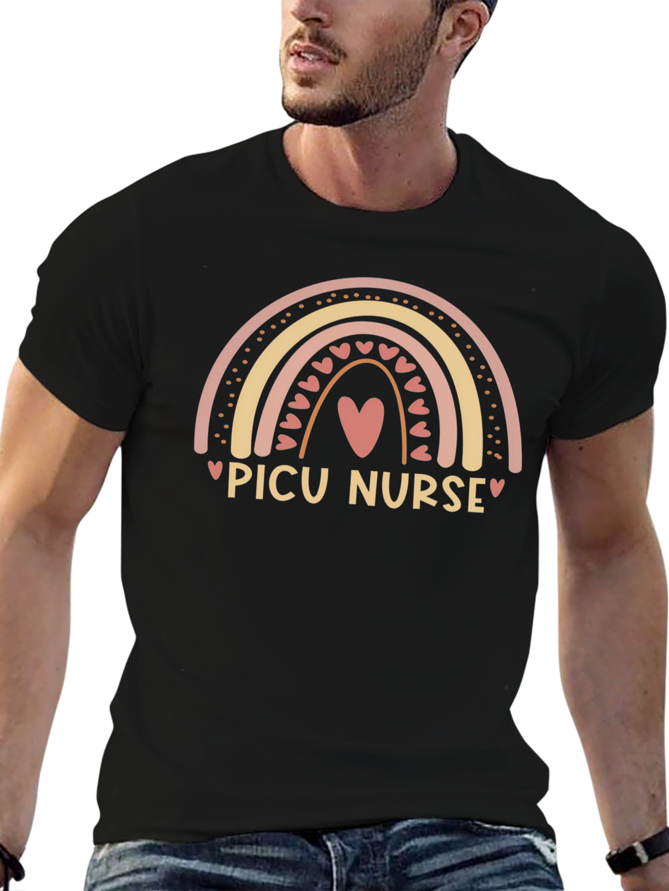 PICU Nurse Rainbow Heart Black Tee
