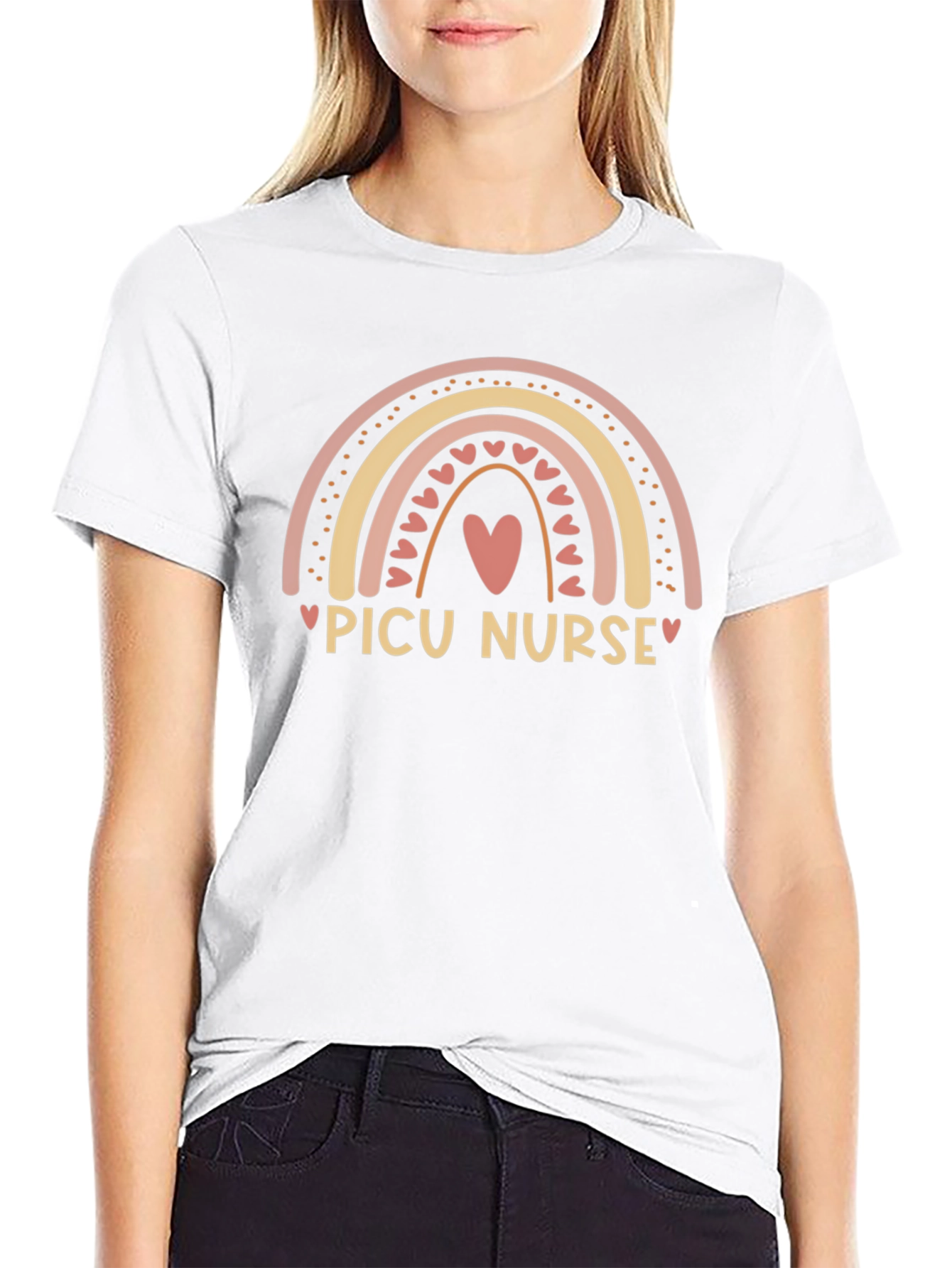PICU Nurse Rainbow Heart Black Tee