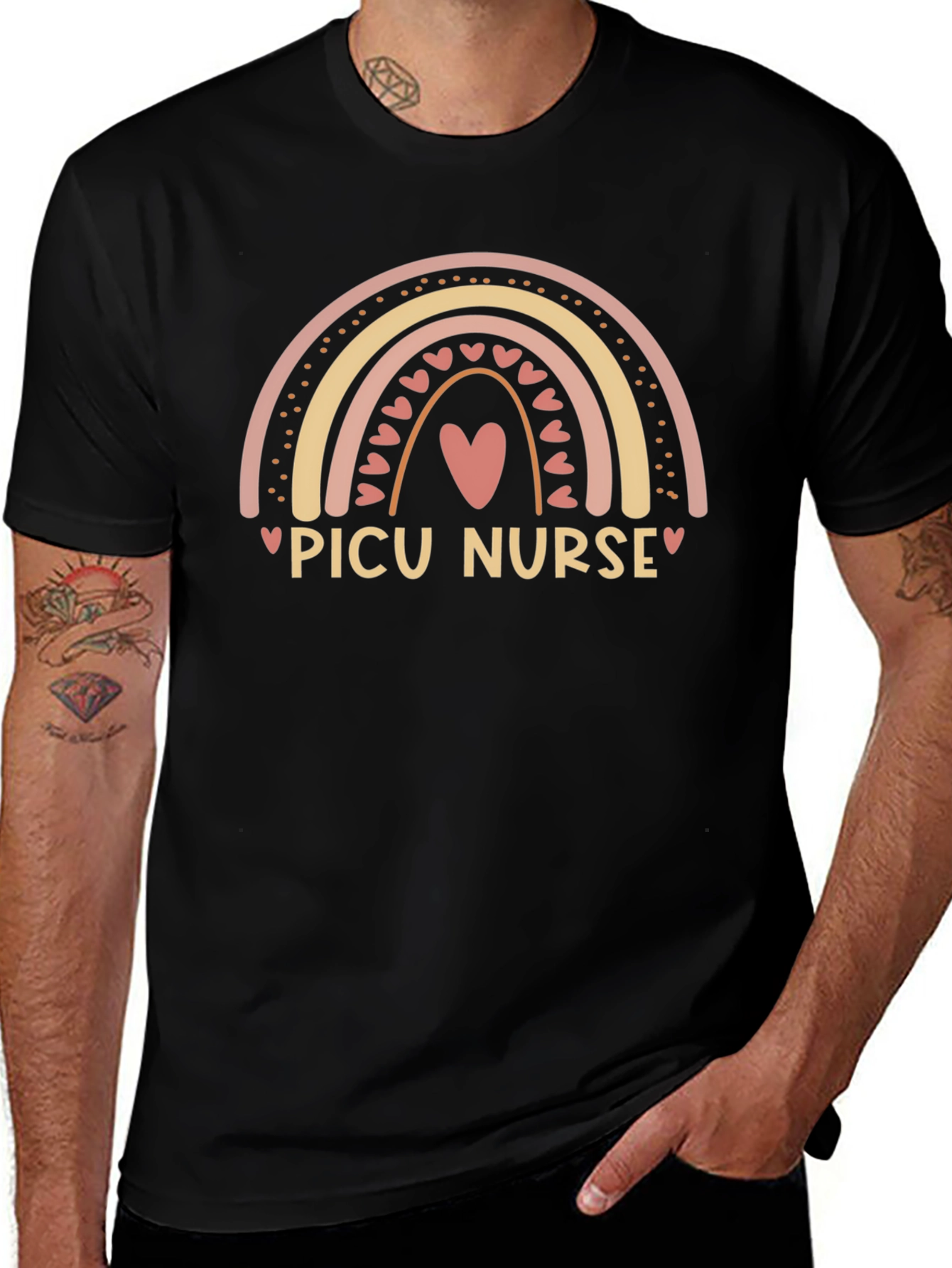 PICU Nurse Rainbow Heart Black Tee