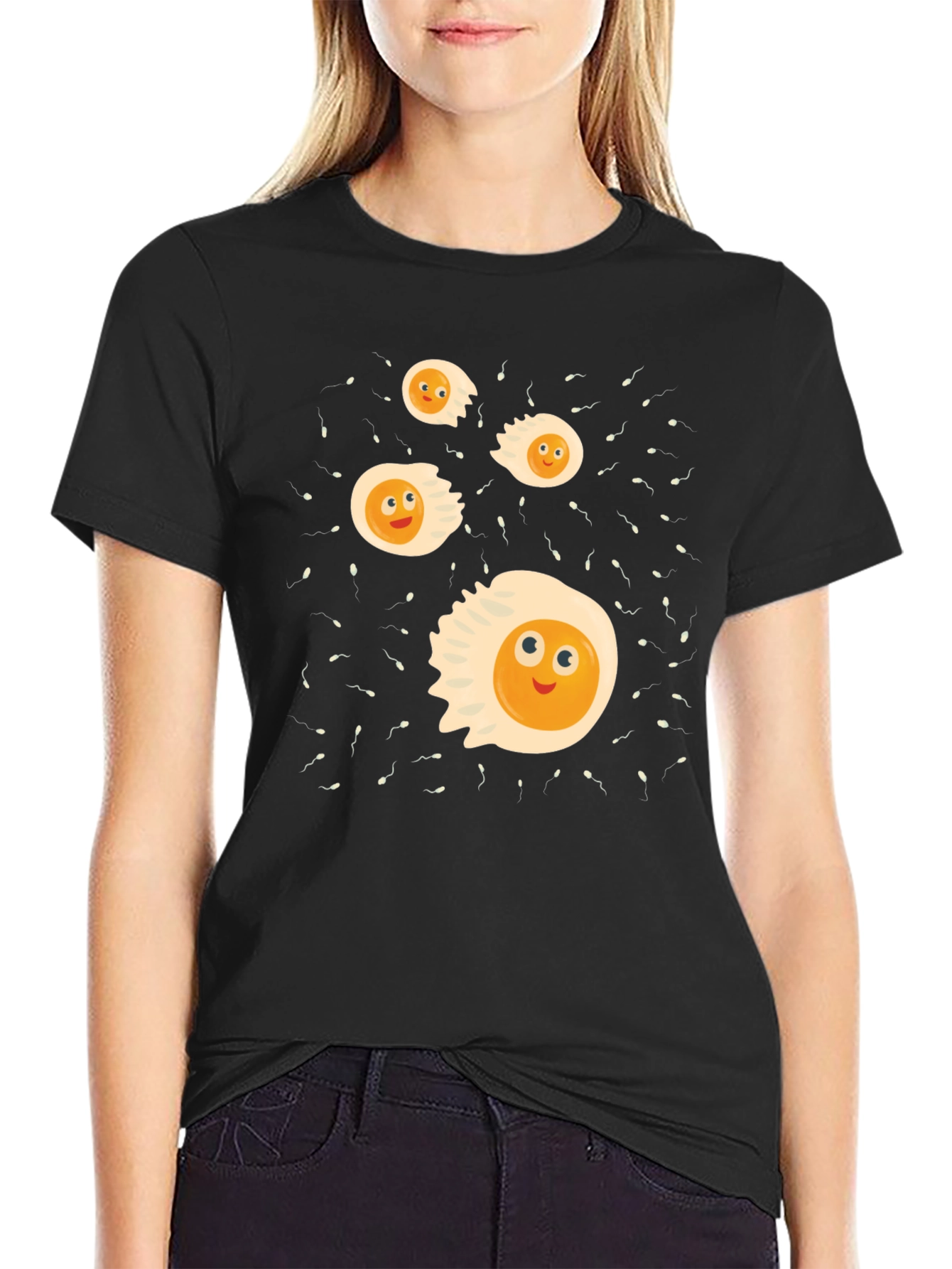 Funny Egg Cartoon Graphic Black T-Shirt