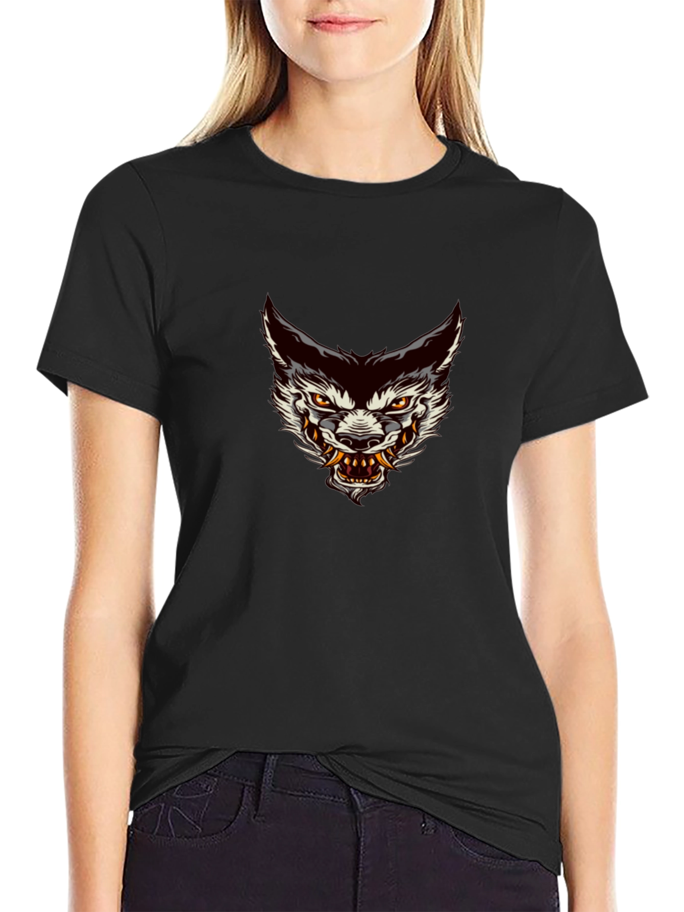 Mens Black Graphic Tee - Wolf Head Design