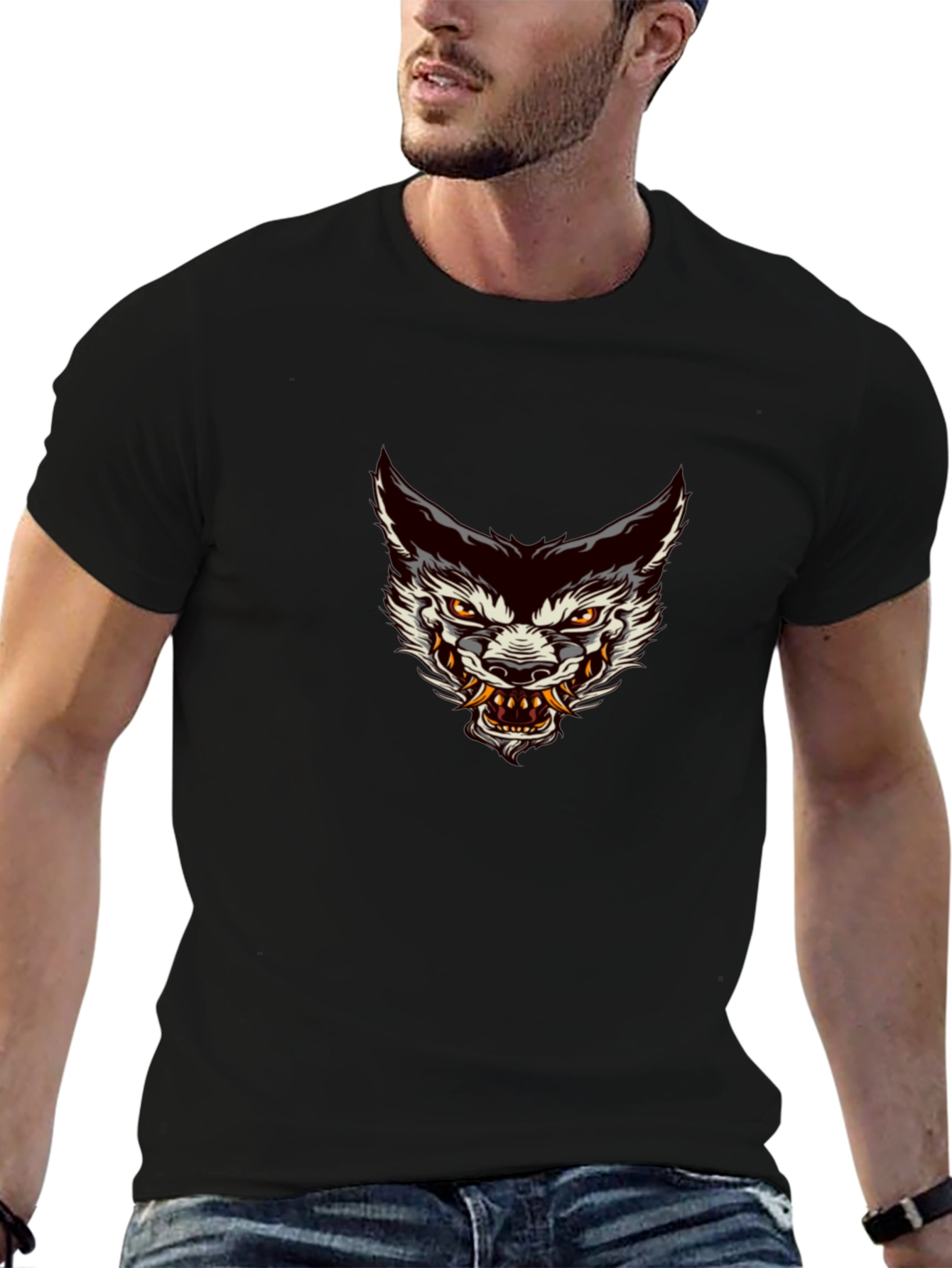 Mens Black Graphic Tee - Wolf Head Design
