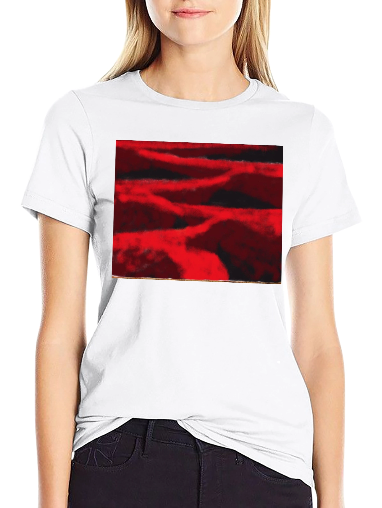 Abstract Red Landscape Print Black T-Shirt