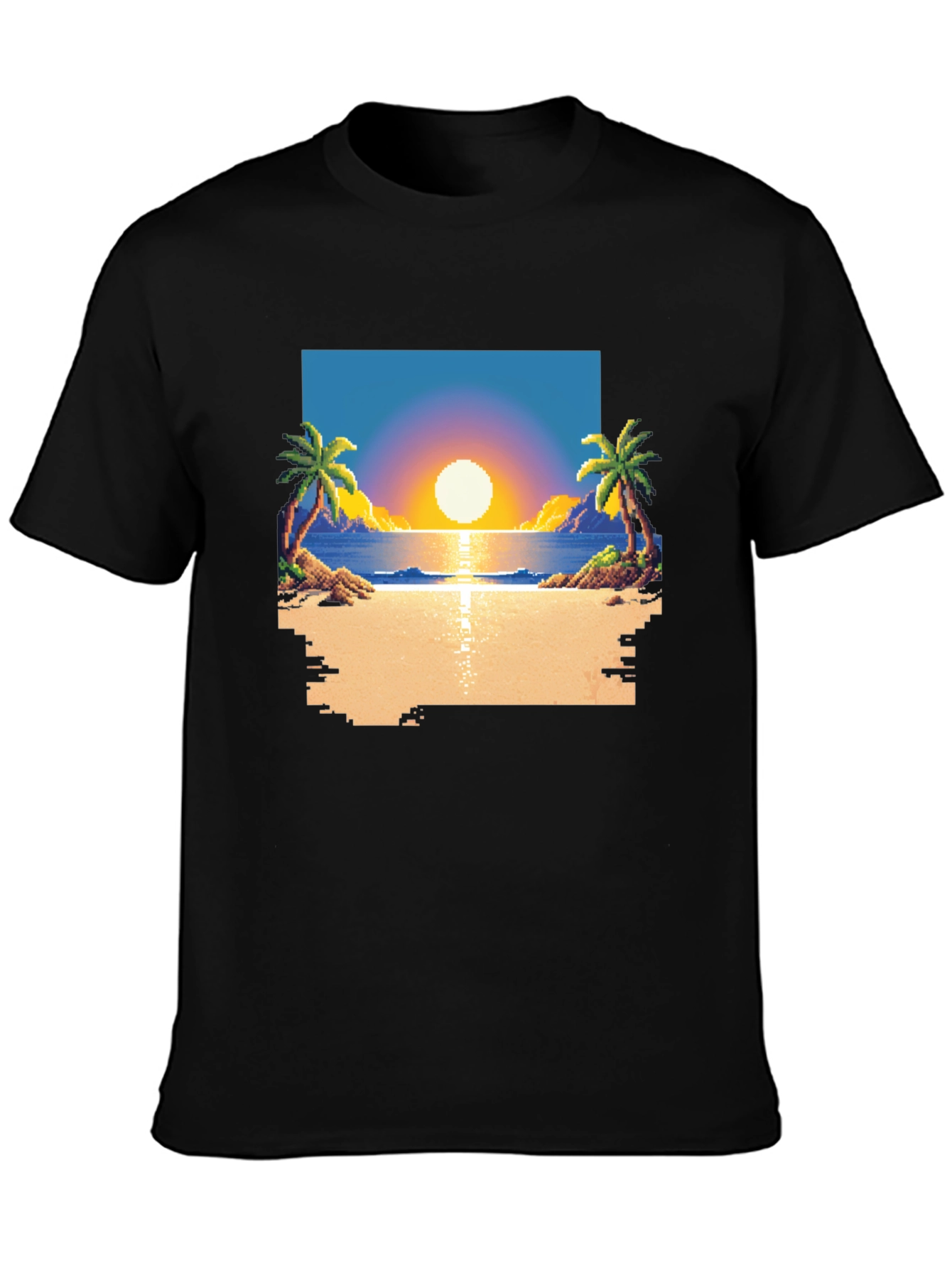 Pixel Sunset Beach T-Shirt - Retro Gaming Style