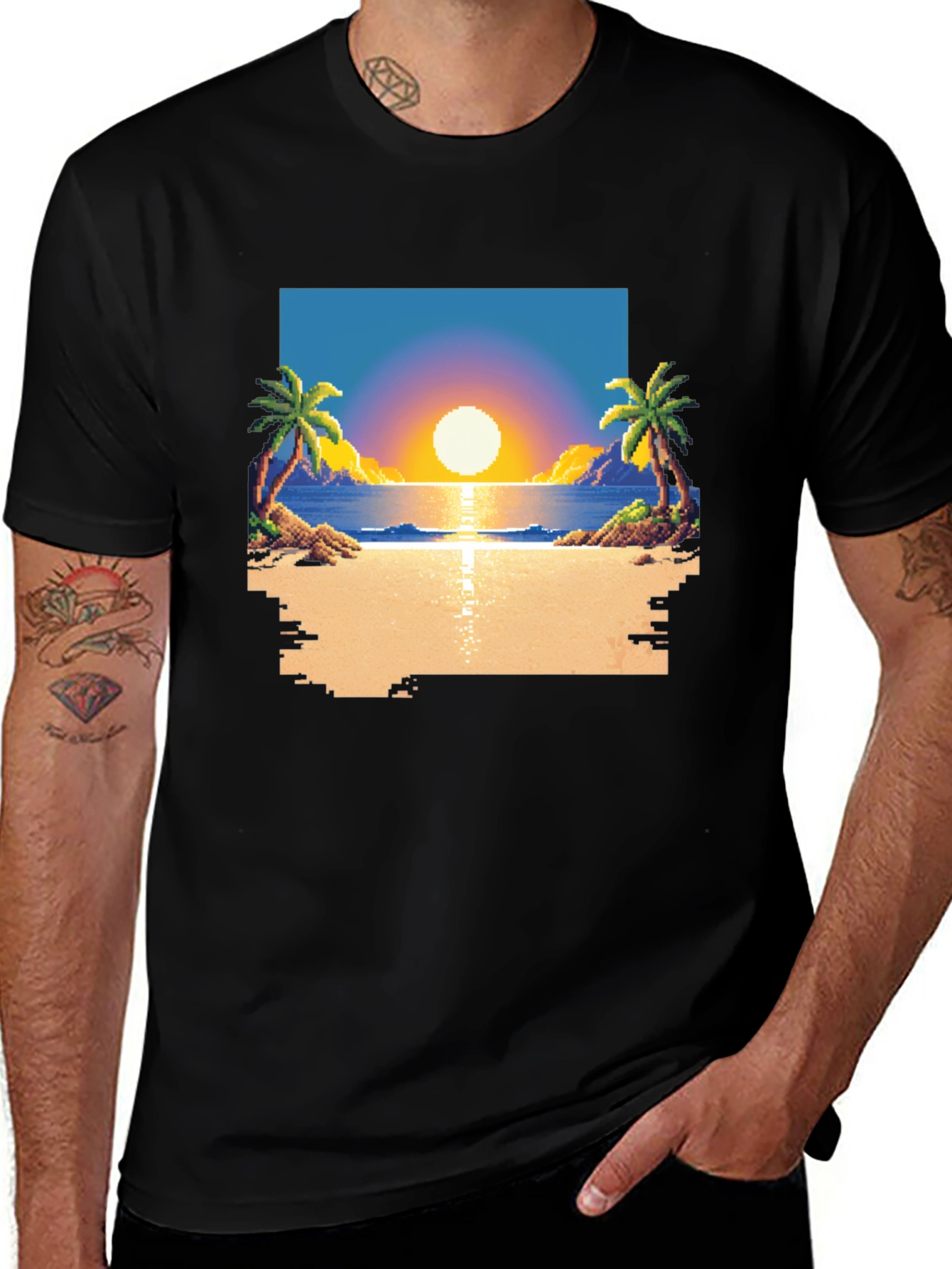 Pixel Sunset Beach T-Shirt - Retro Gaming Style