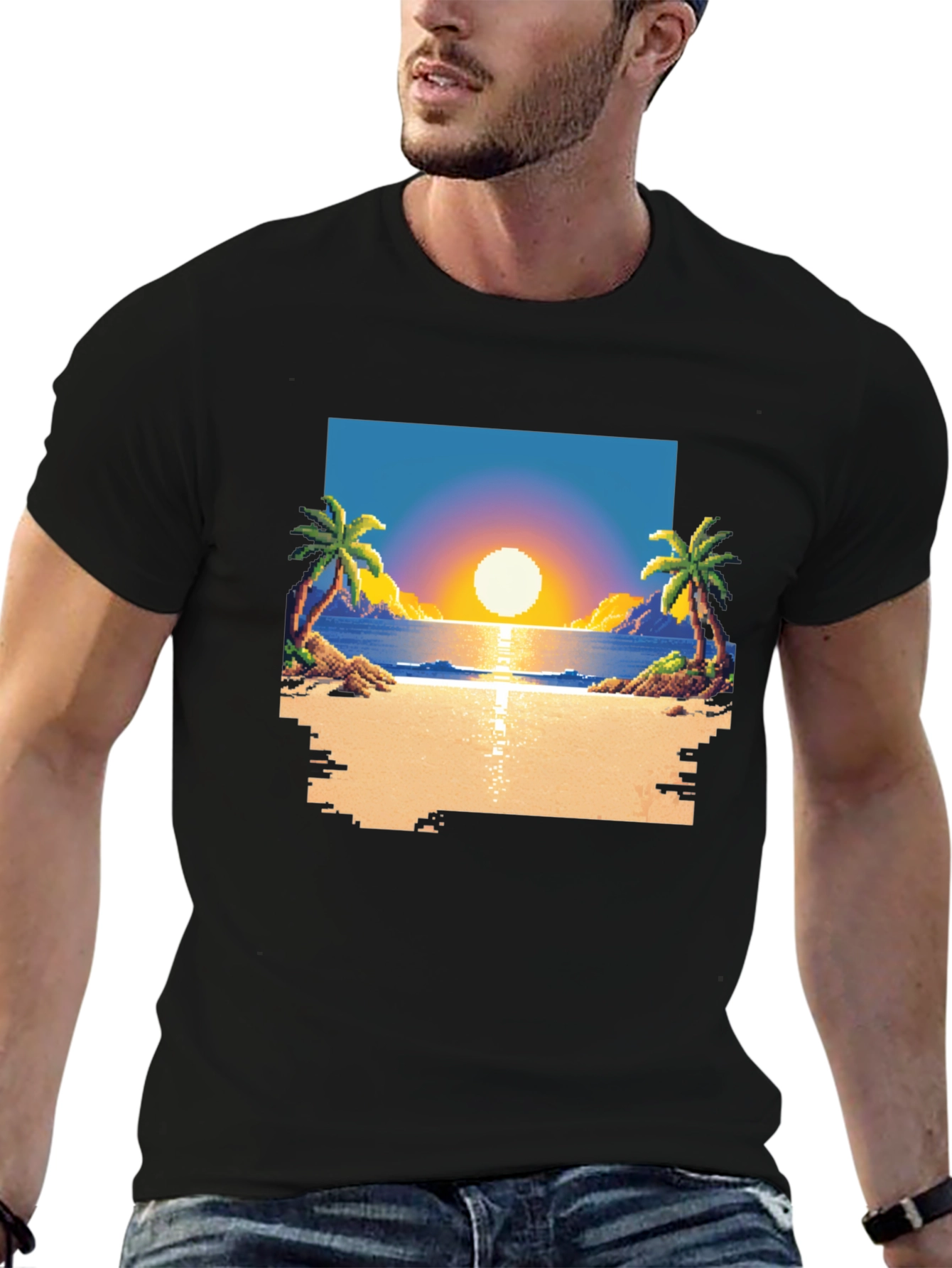 Pixel Sunset Beach T-Shirt - Retro Gaming Style