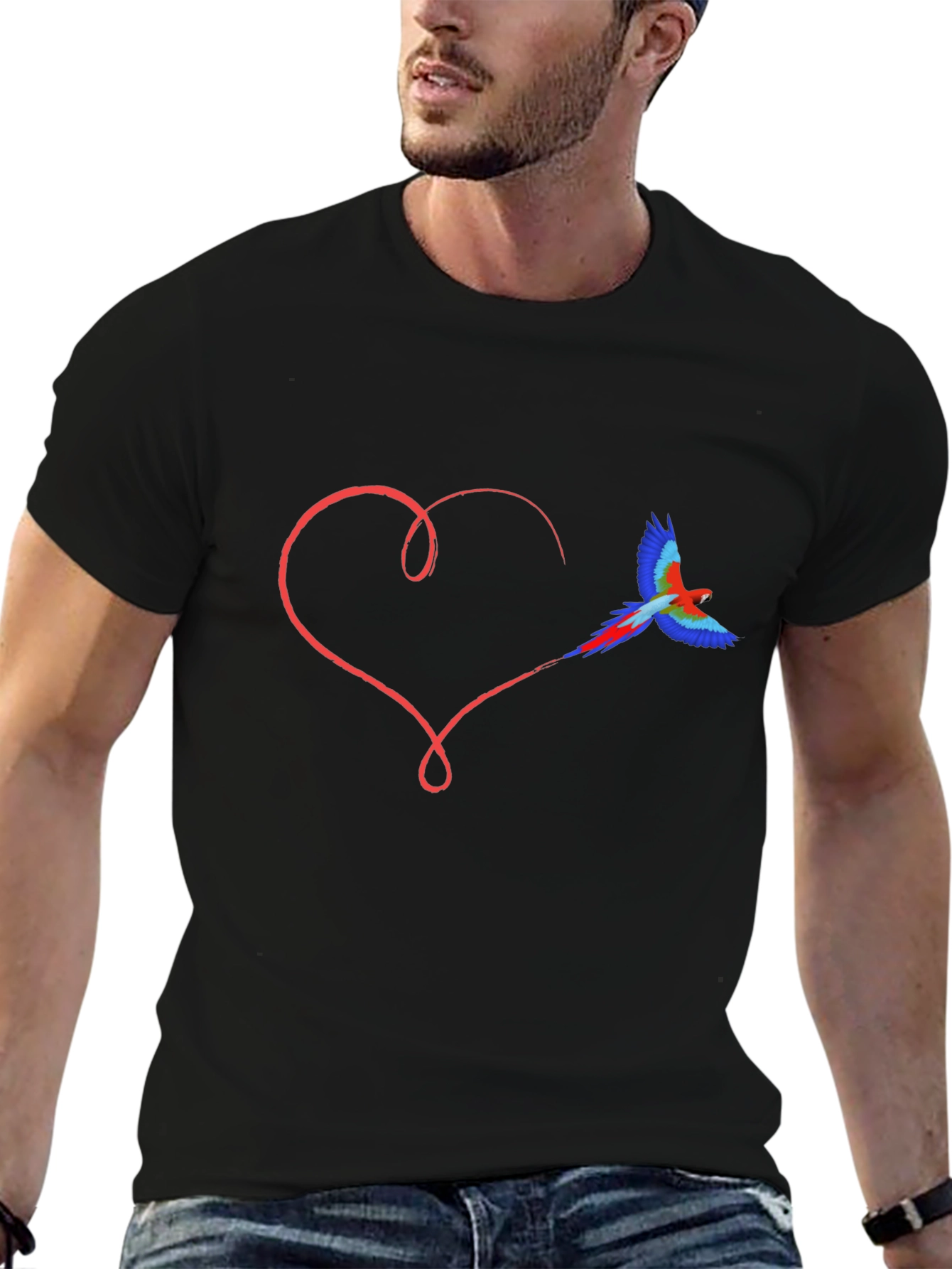 Heart & Parrot Graphic Black T-Shirt