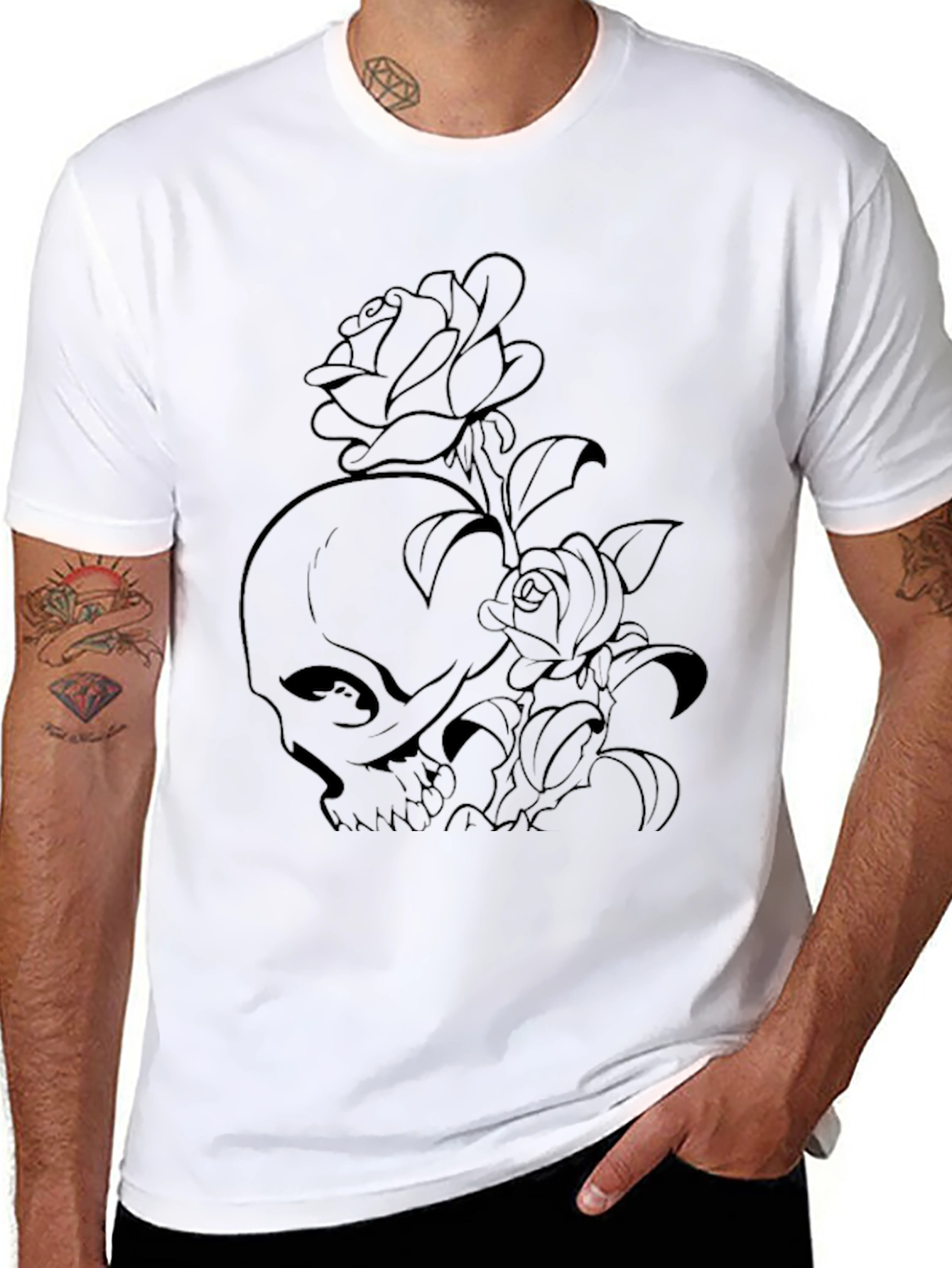 Skull and Roses Graphic Print Black T-Shirt