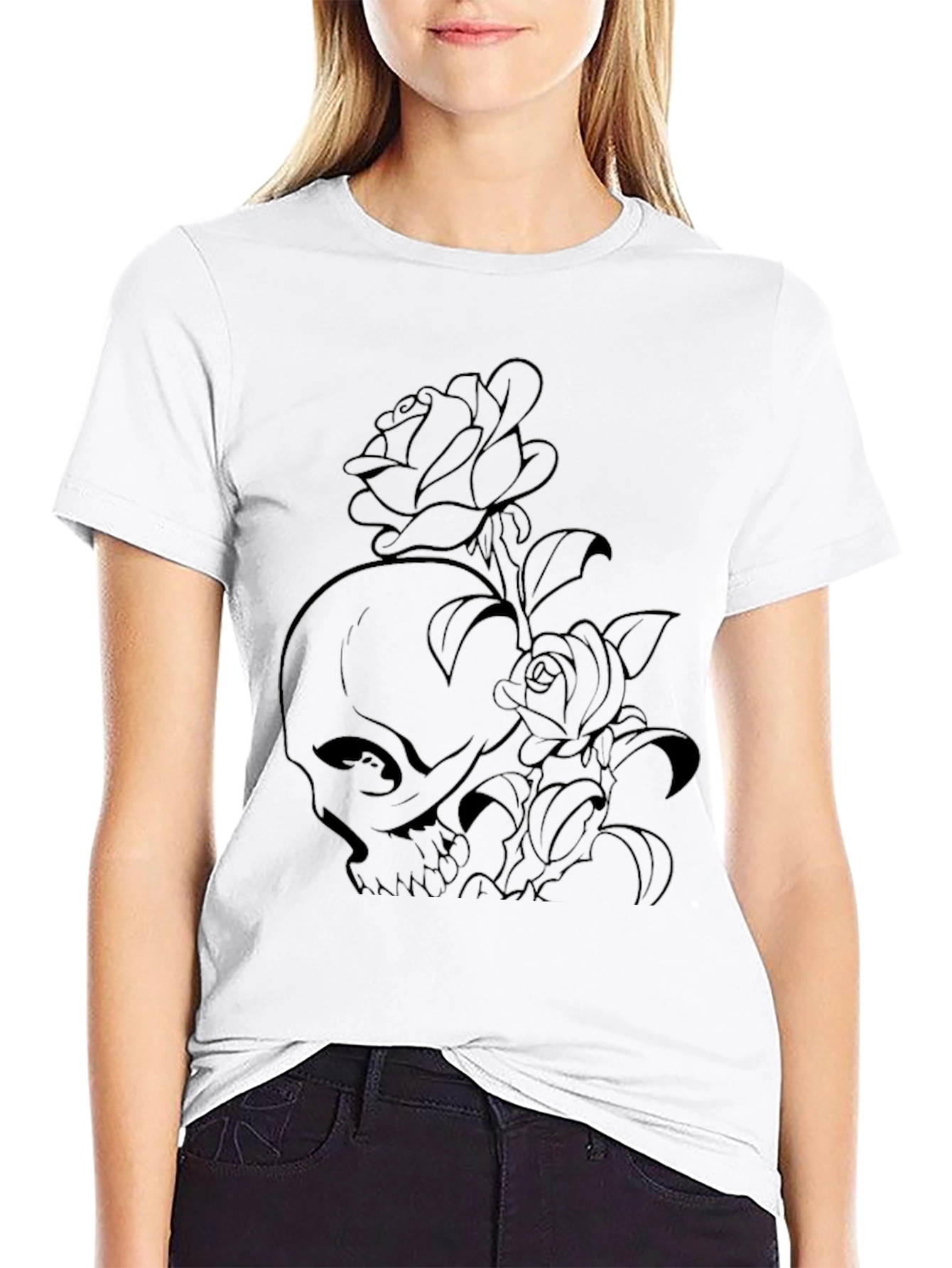 Skull and Roses Graphic Print Black T-Shirt