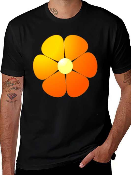Retro Flower Power Graphic Tee - Black Cotton Blend Shirt
