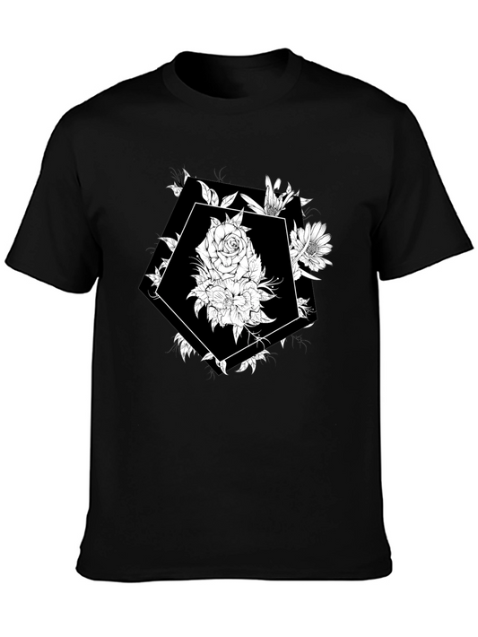 Floral Pentagonal Graphic Tee - Modern Black T-Shirt