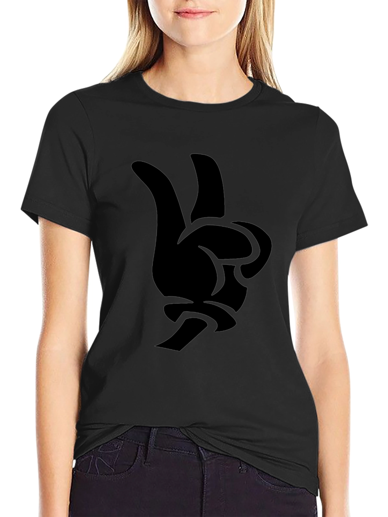 Black Cartoon Hand Peace Sign Graphic Tee