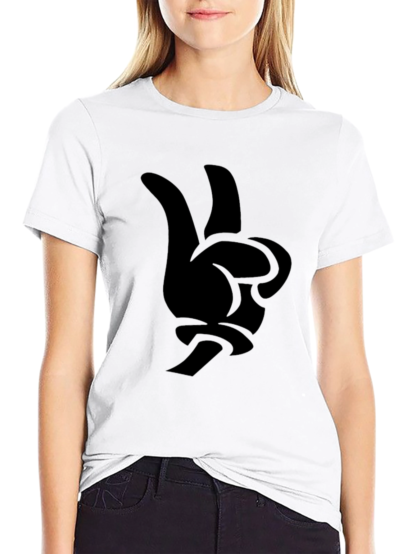 Black Cartoon Hand Peace Sign Graphic Tee