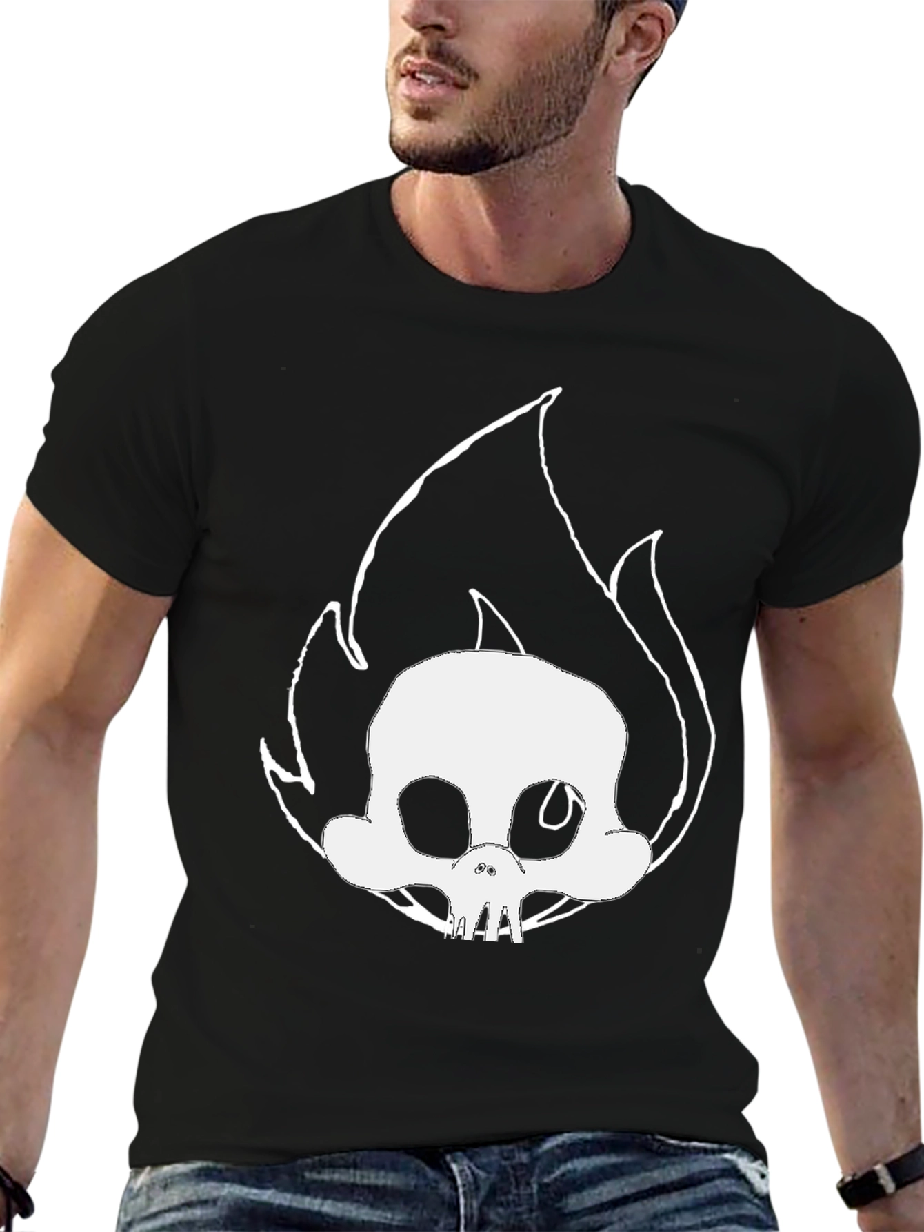 Skull on Fire Graphic Tee - Black Cotton T-Shirt
