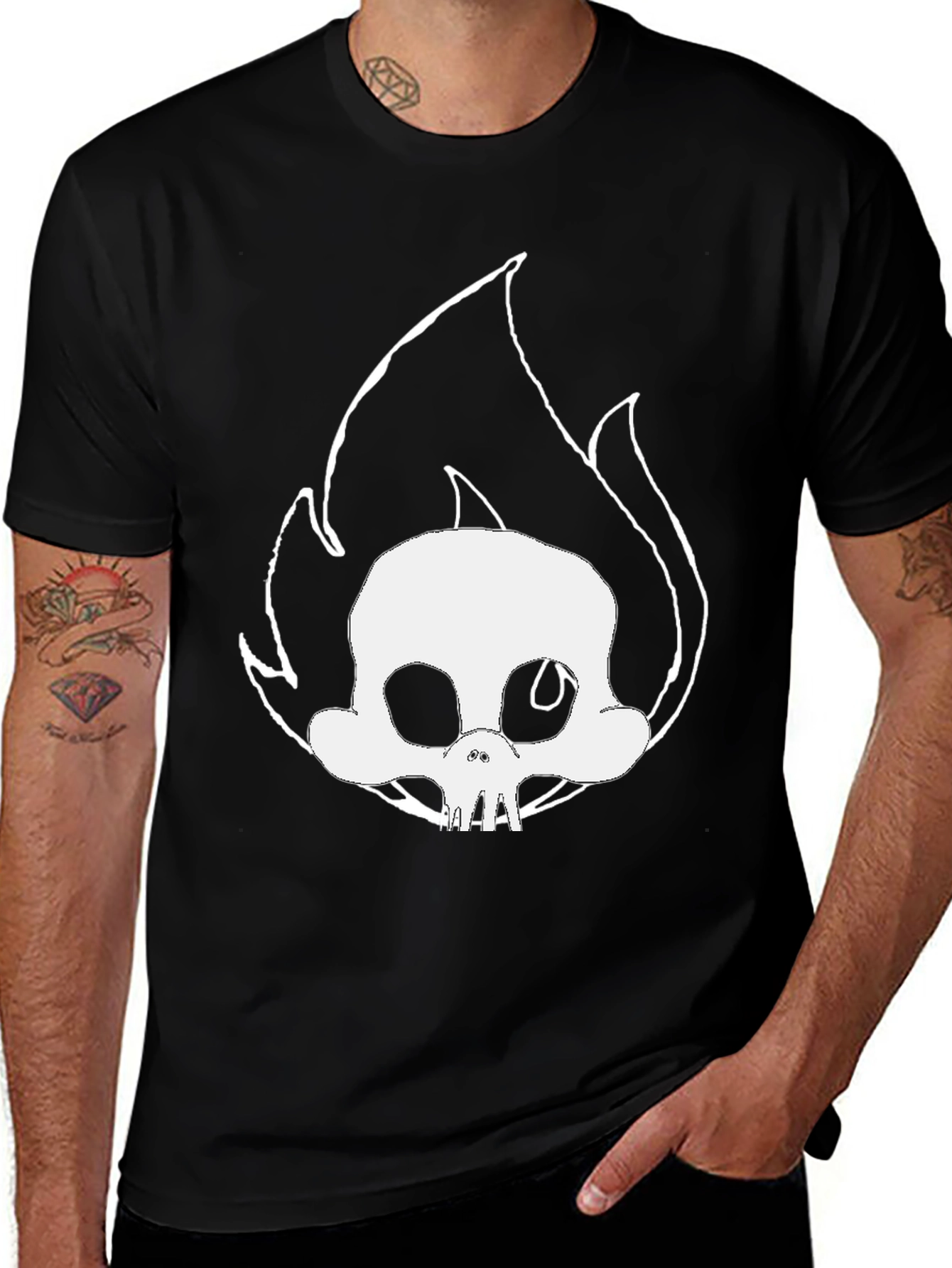 Skull on Fire Graphic Tee - Black Cotton T-Shirt