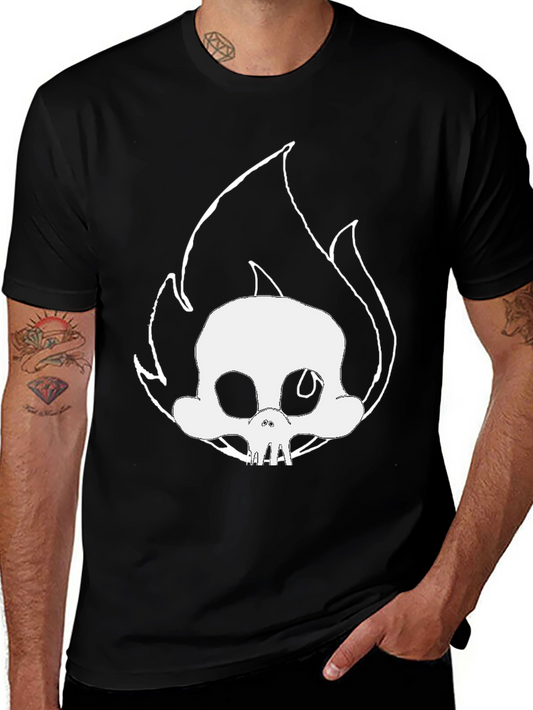 Skull on Fire Graphic Tee - Black Cotton T-Shirt
