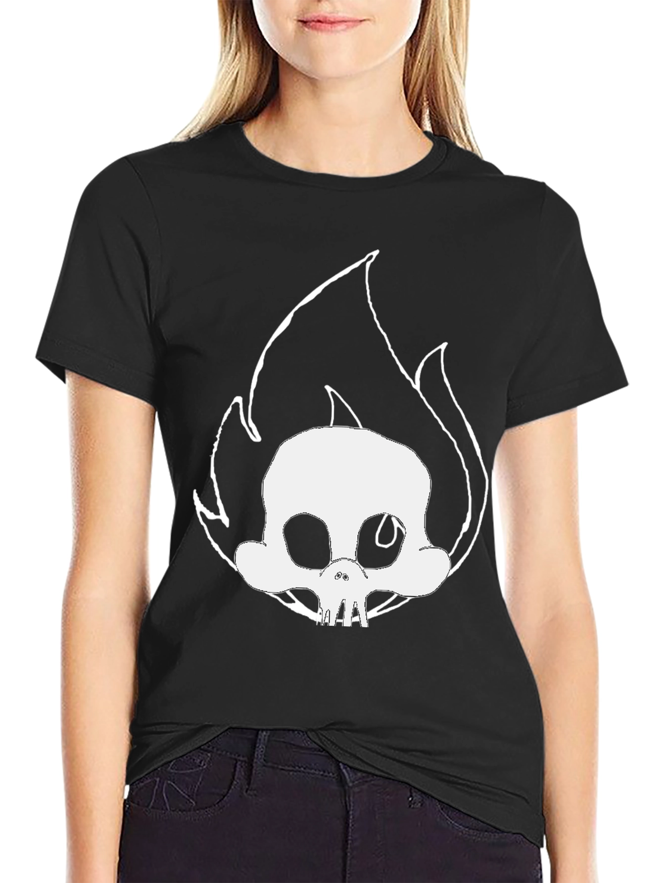 Skull on Fire Graphic Tee - Black Cotton T-Shirt