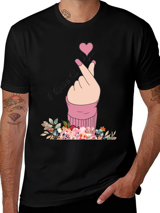 I Love U Hand Heart Graphic Print Mens Black T-Shirt