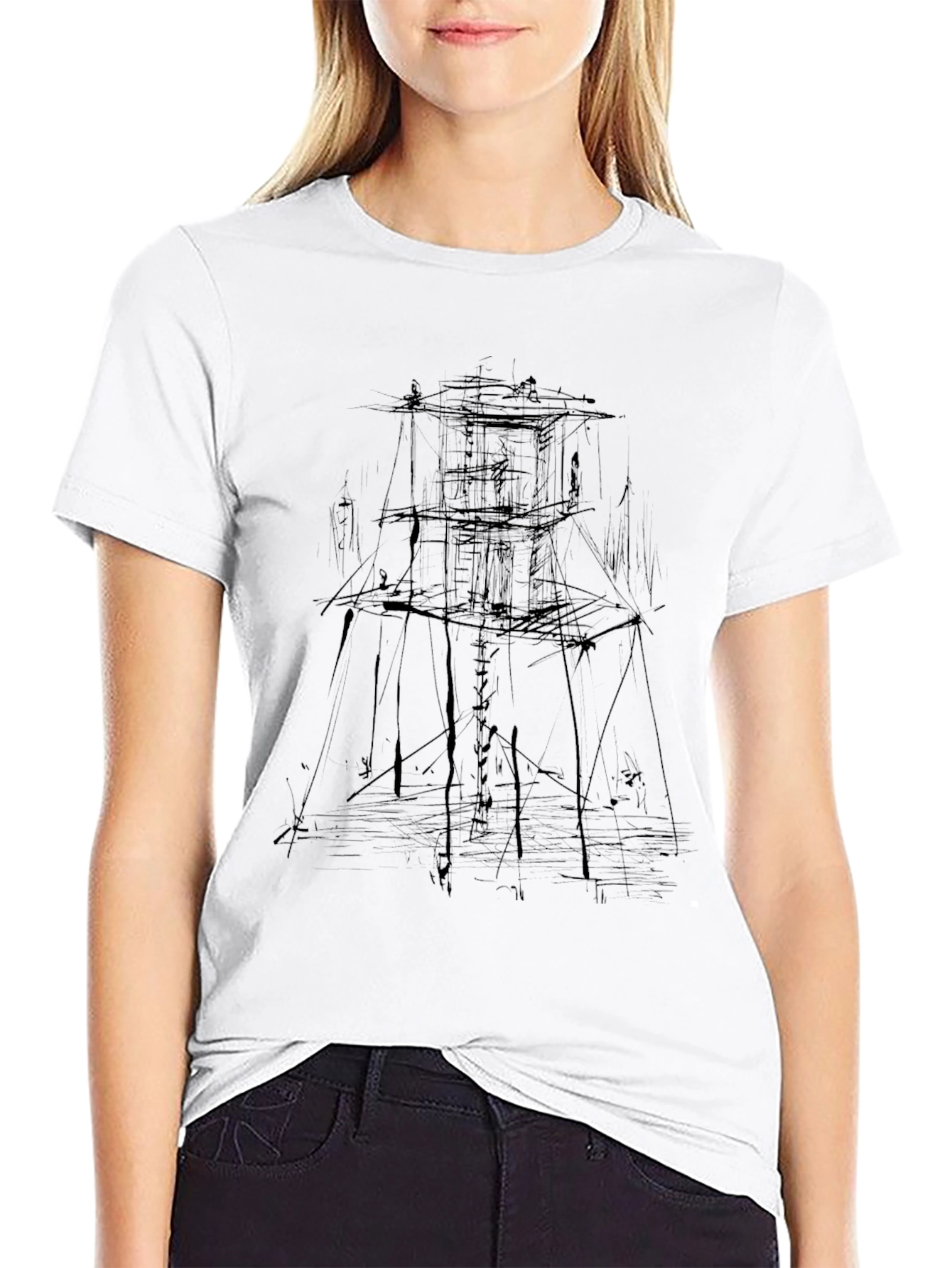 Abstract Tower Black Graphic Tee