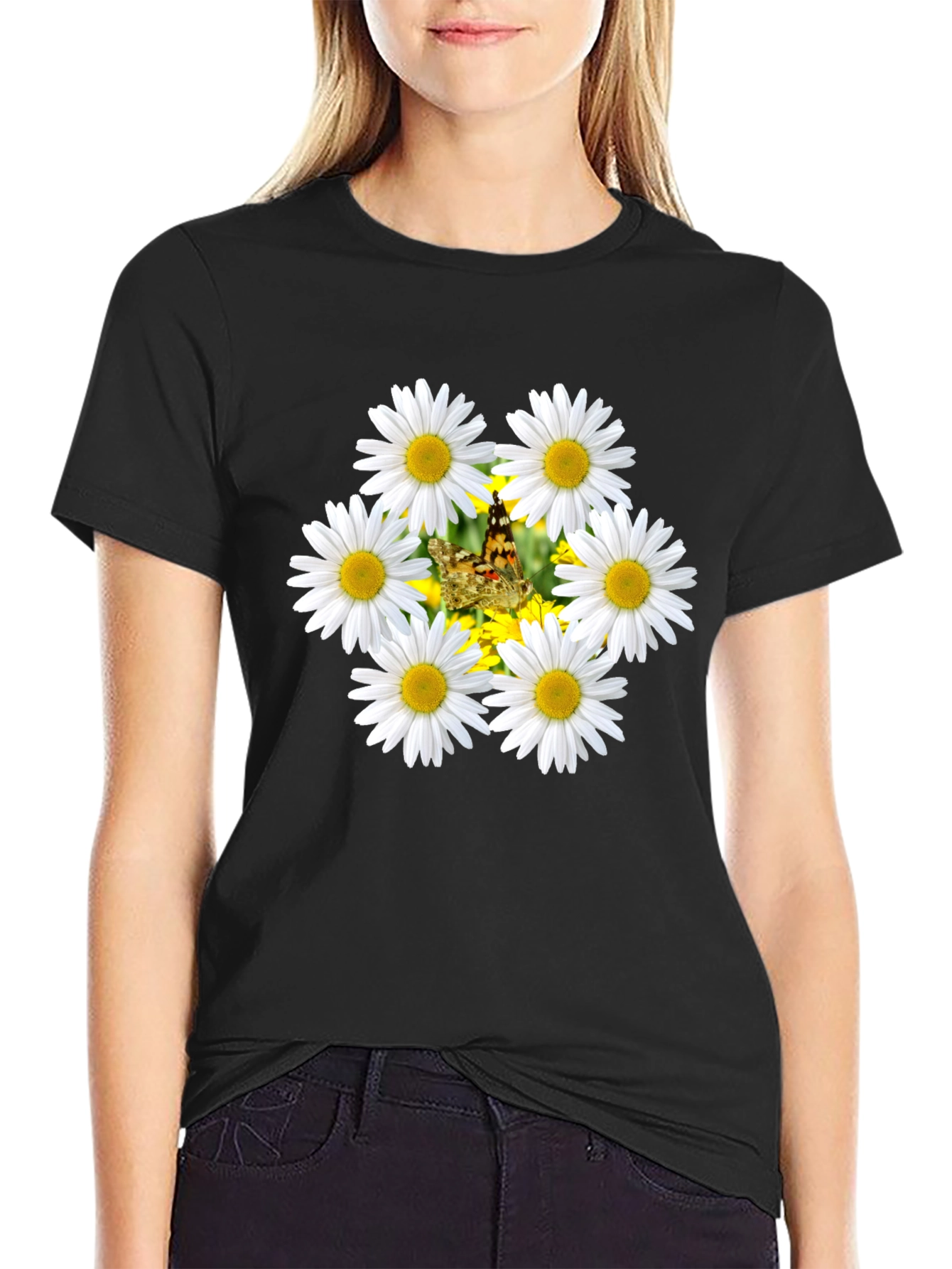 Daisy Butterfly Black T-Shirt