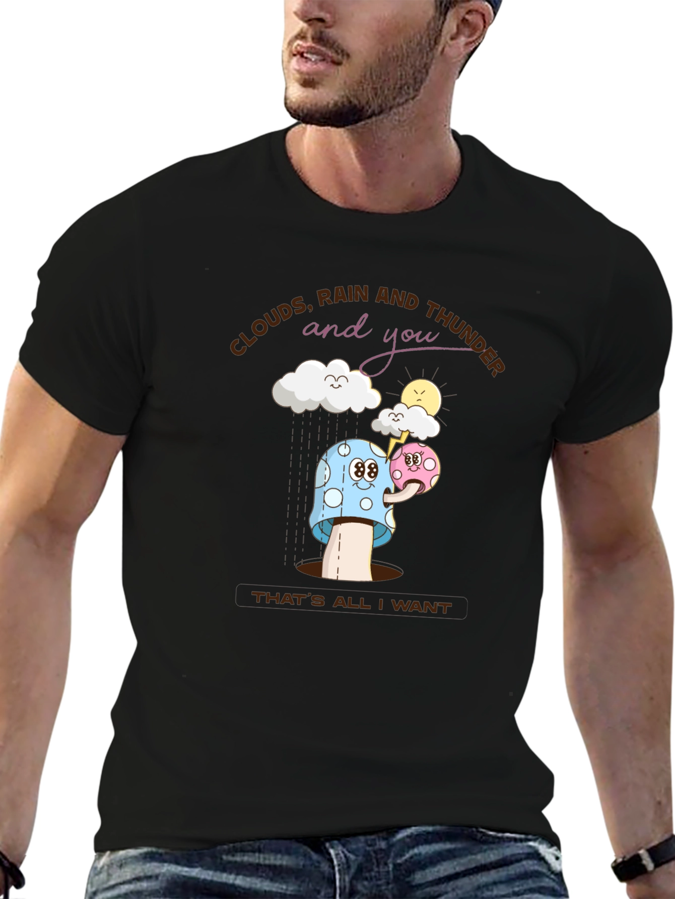 Cartoon Clouds Rain Mushroom T-Shirt