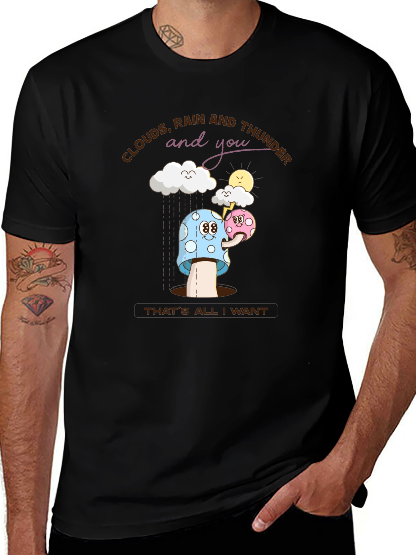 Cartoon Clouds Rain Mushroom T-Shirt