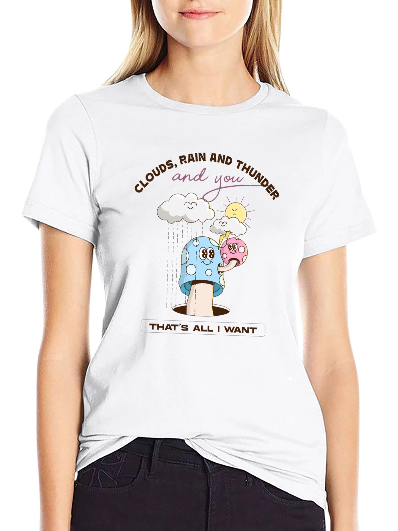 Cartoon Clouds Rain Mushroom T-Shirt