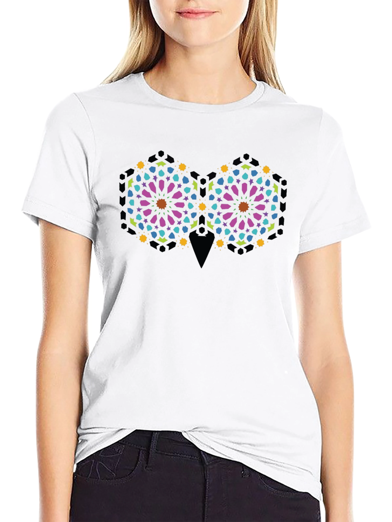 Geometric Owl Graphic Print Black T-Shirt