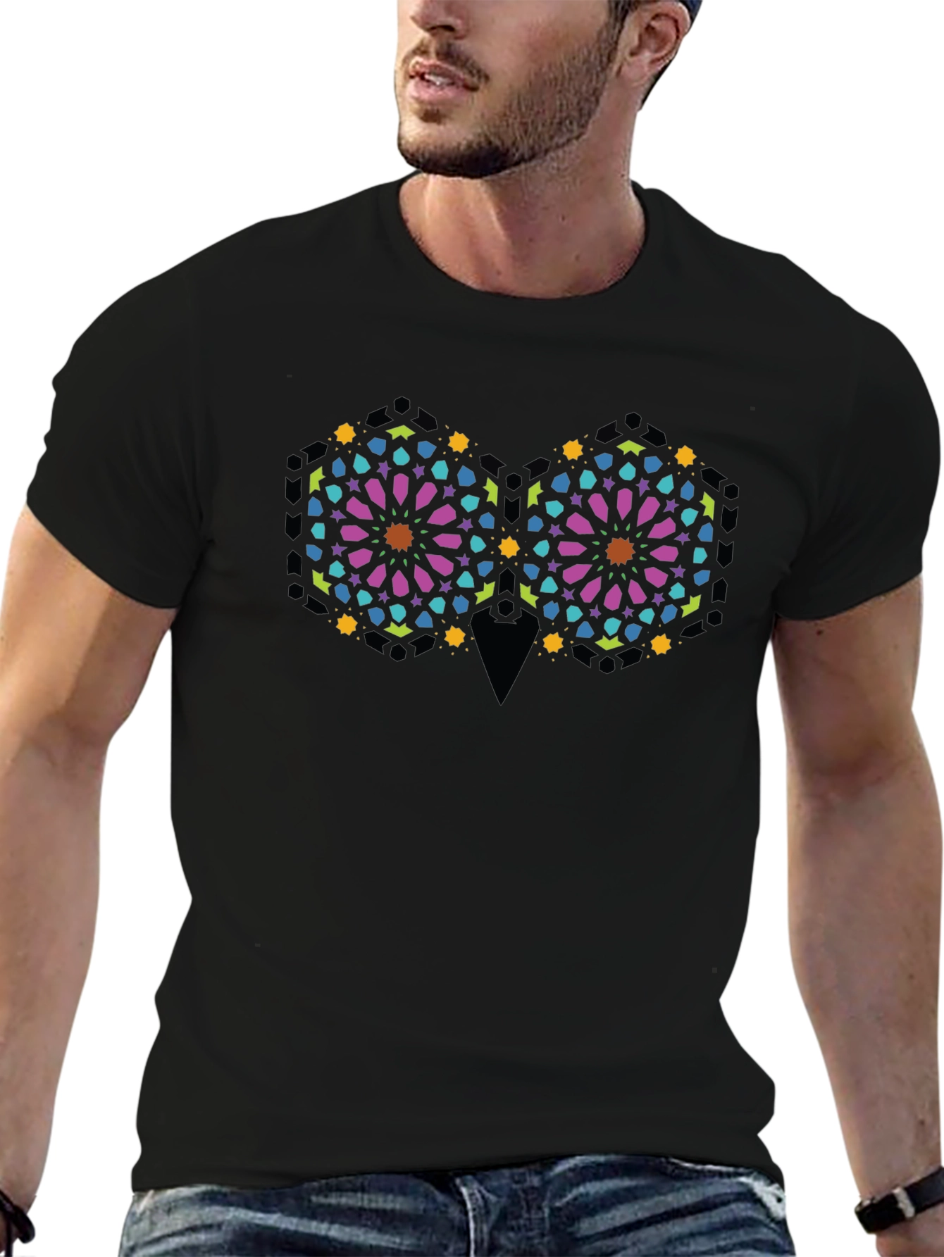 Geometric Owl Graphic Print Black T-Shirt