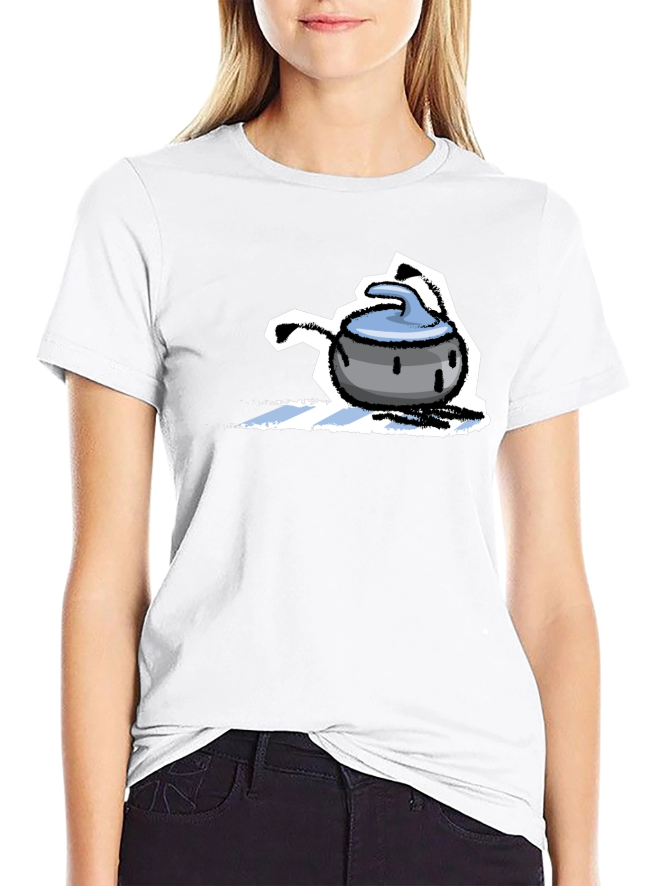 Funny Curling Stone Cartoon Black T-Shirt