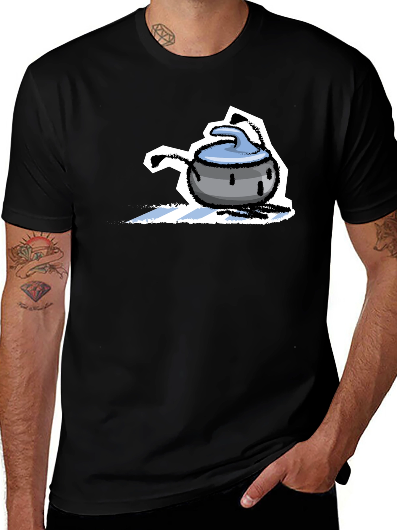 Funny Curling Stone Cartoon Black T-Shirt
