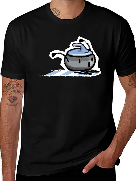Funny Curling Stone Cartoon Black T-Shirt