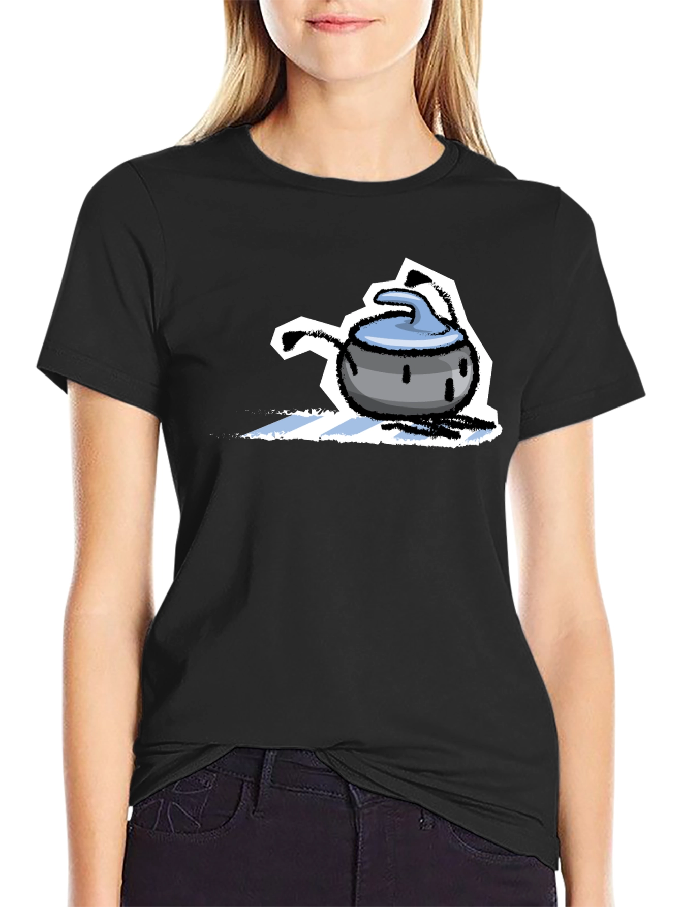 Funny Curling Stone Cartoon Black T-Shirt